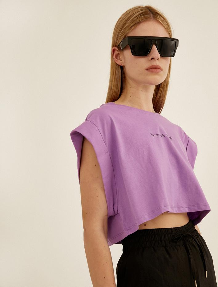  Pamuklu Bisiklet Yaka Kısa Kollu Yazılı Baskılı Crop Tişört