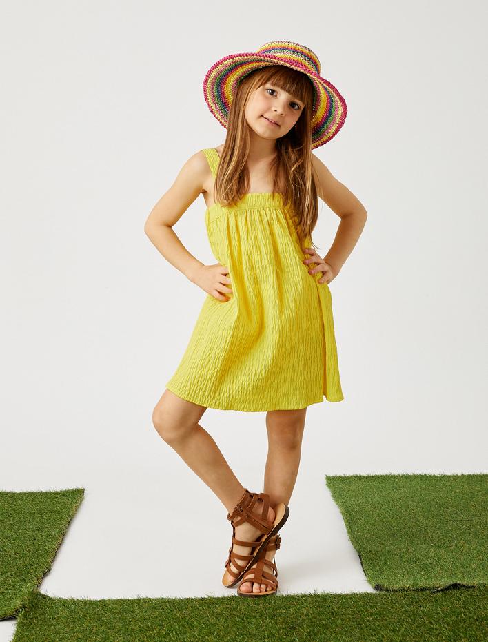 Kız Çocuk Elbise Midi Kalın Askılı Lastik Detaylı Pamuklu