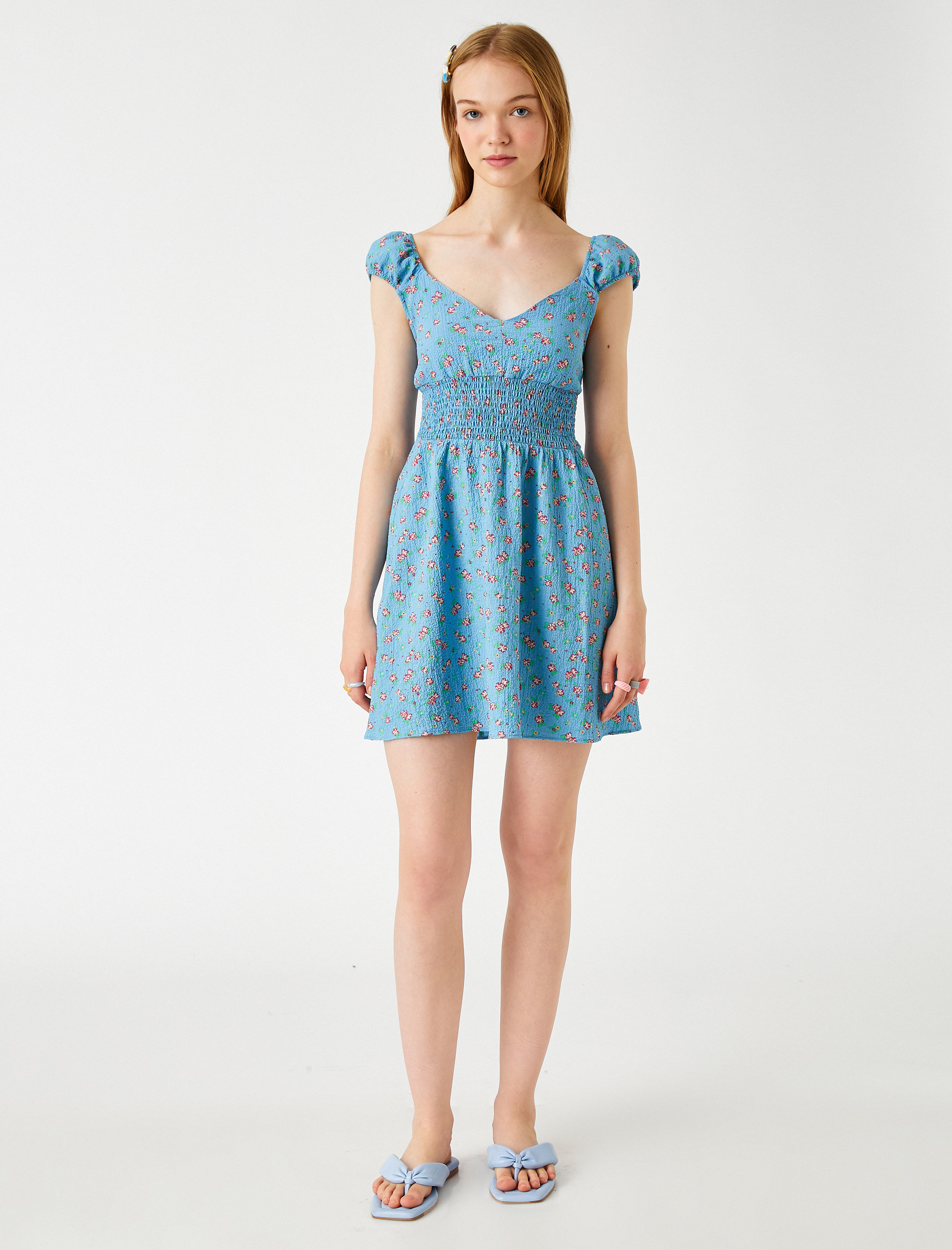   Mini Elbise Çiçekli Gipeli