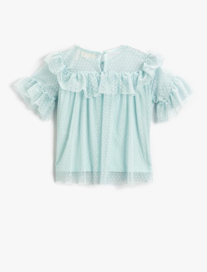 Kız Çocuk Kabarık Fırfırlı Kollu Tül Bisiklet Yaka Tişört