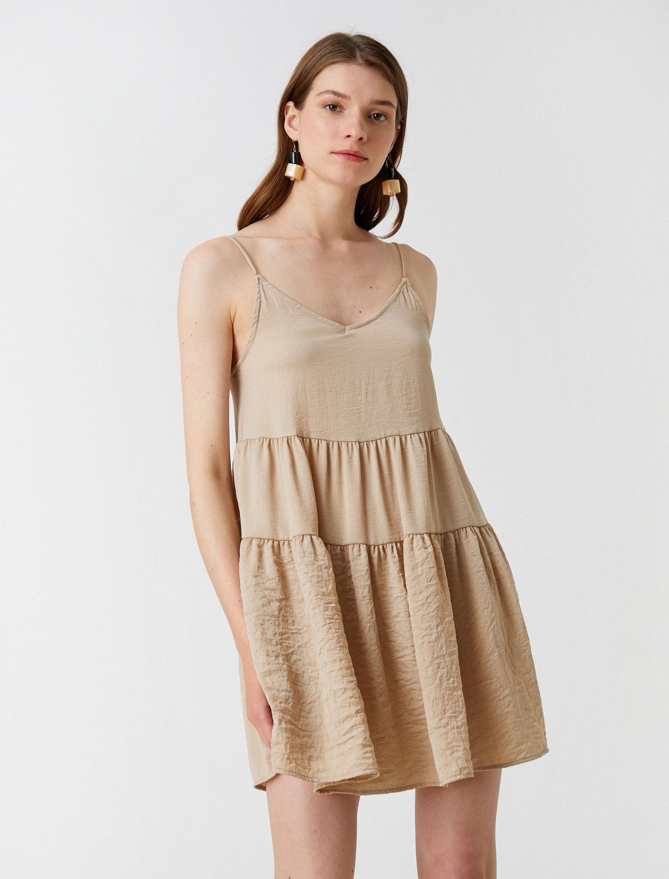   Katlı Mini Elbise V Yaka Aerobin Kumaş