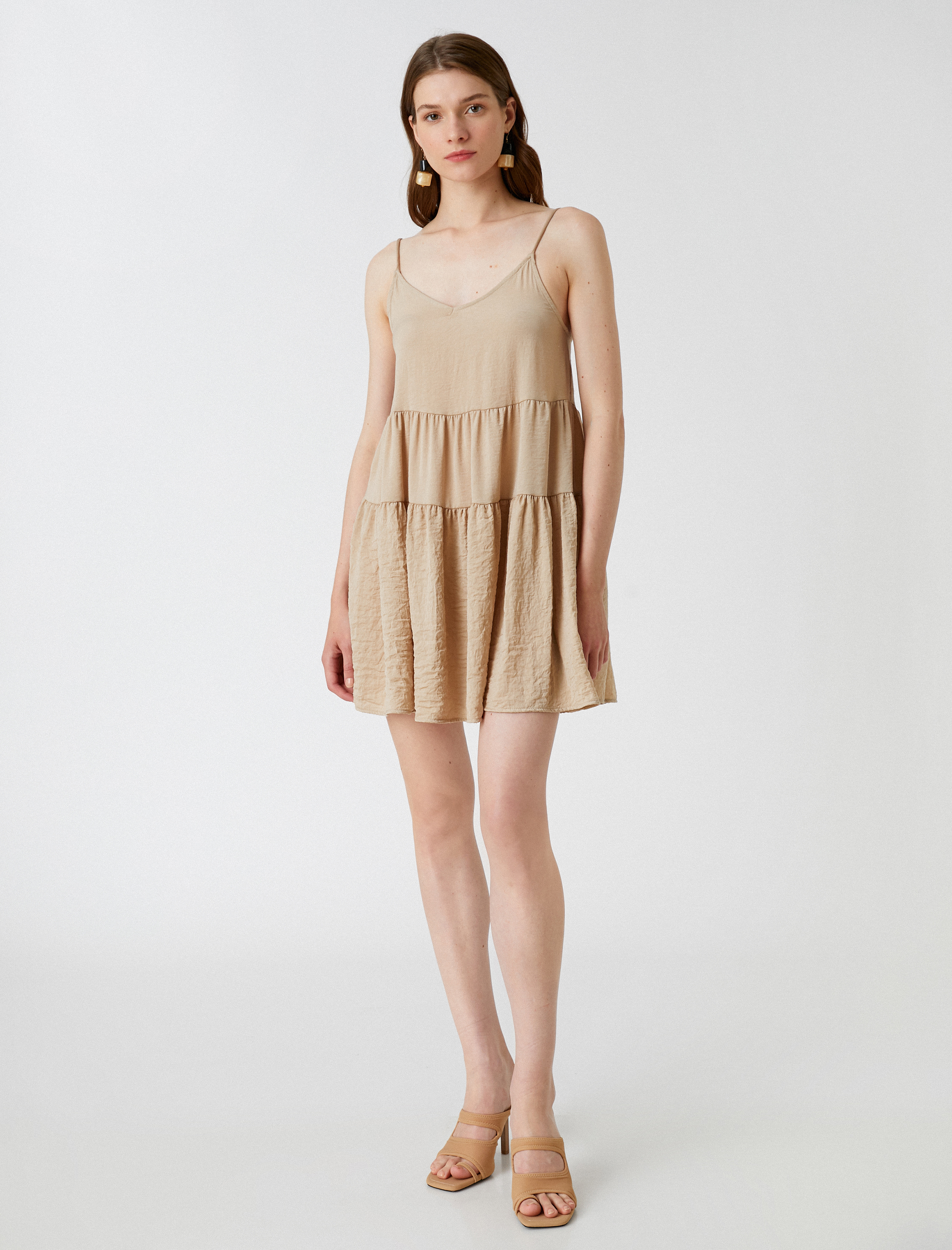   Katlı Mini Elbise V Yaka Aerobin Kumaş