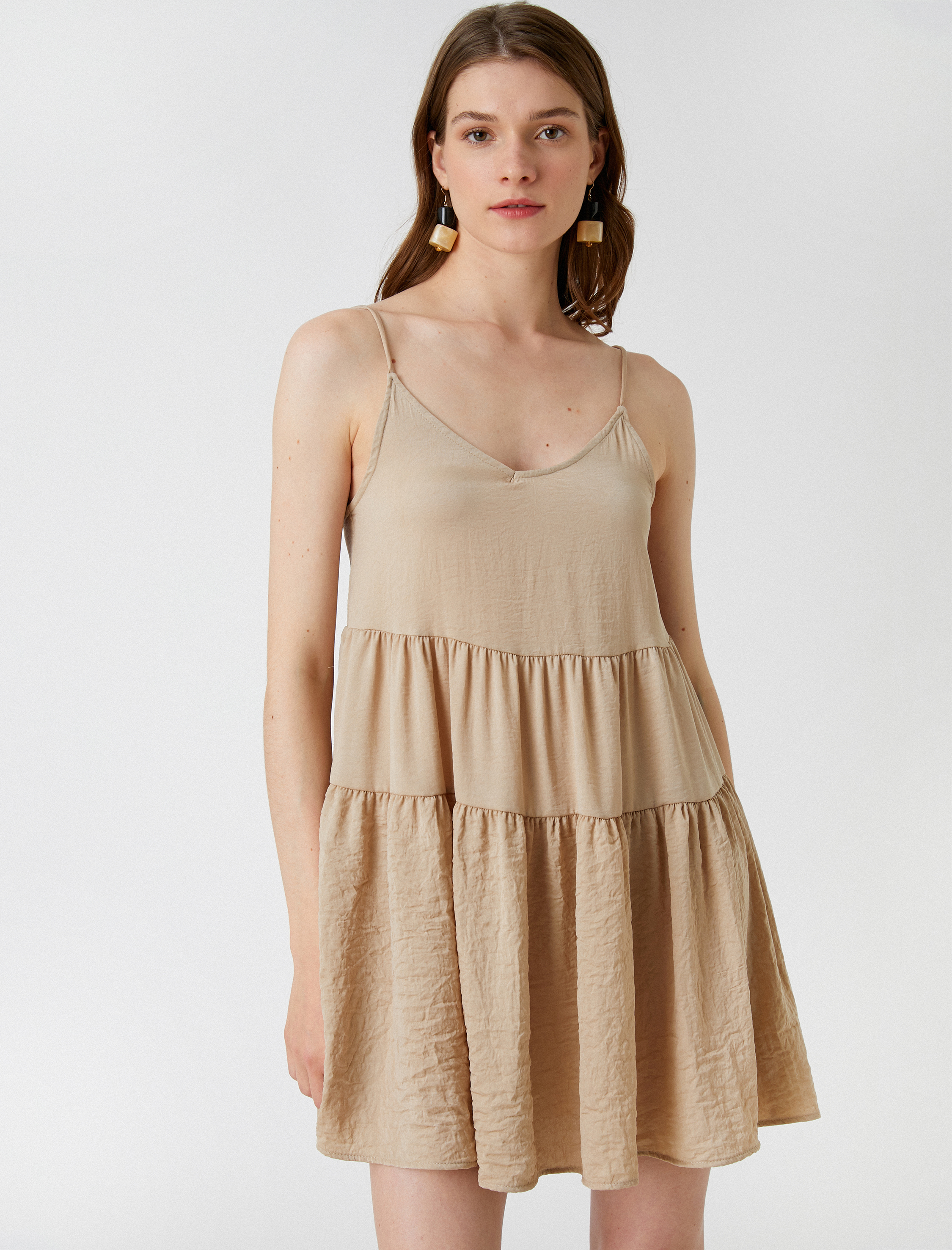   Katlı Mini Elbise V Yaka Aerobin Kumaş