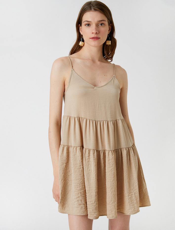  Katlı Mini Elbise V Yaka Aerobin Kumaş