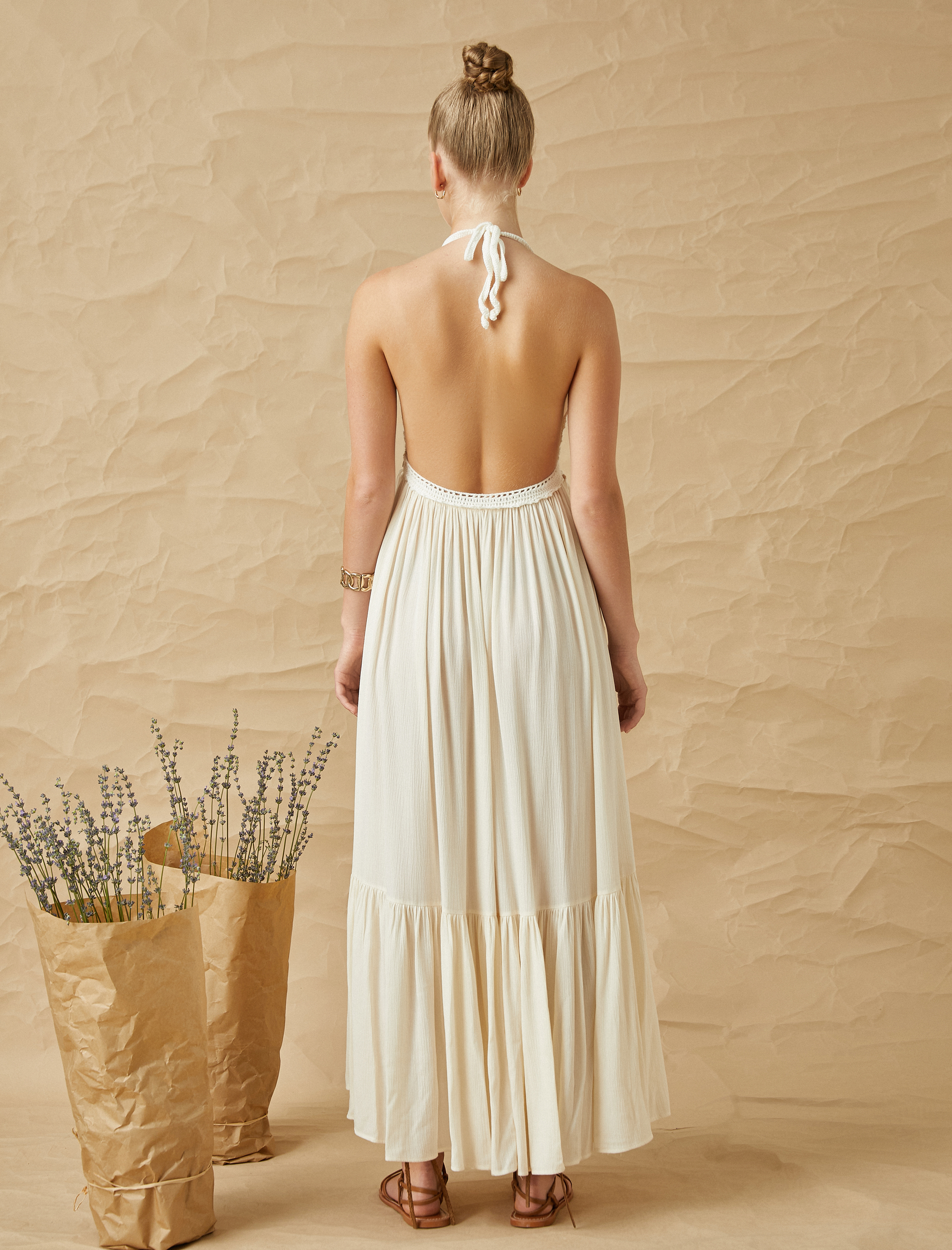 Uzun Viskon Elbise Boyundan Bağlamalı Püskül Detaylı