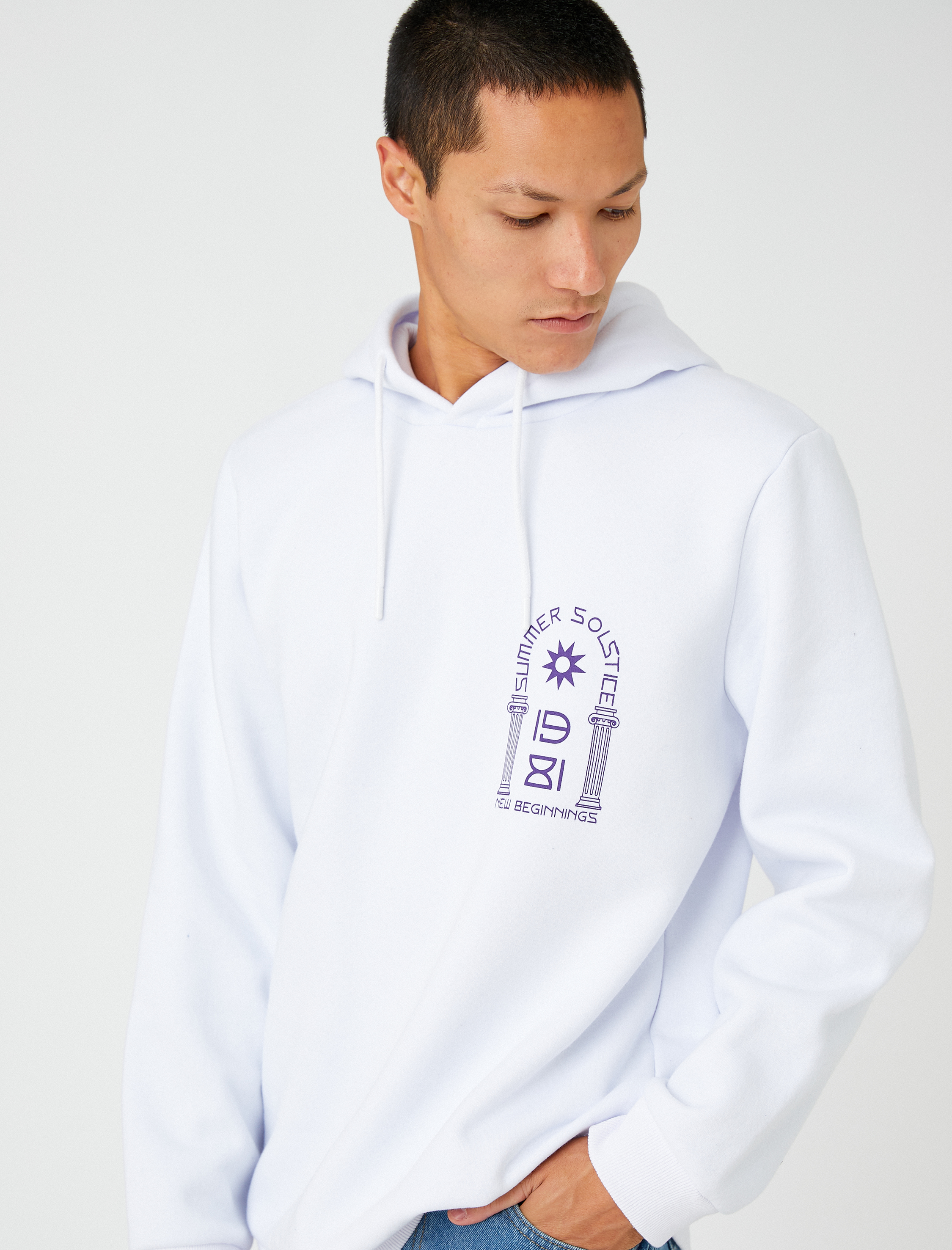   Basic Kapşonlu Sweatshirt Uzakdoğu Baskılı Uzun Kollu Şardonlu