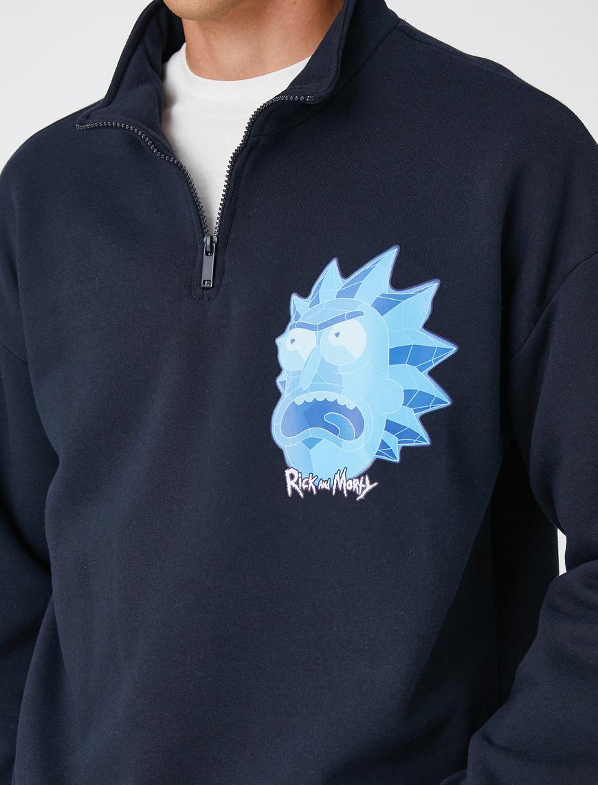   Rick and Morty Oversize Sweatshirt Şardonlu Dik Yaka Lisanslı Baskılı