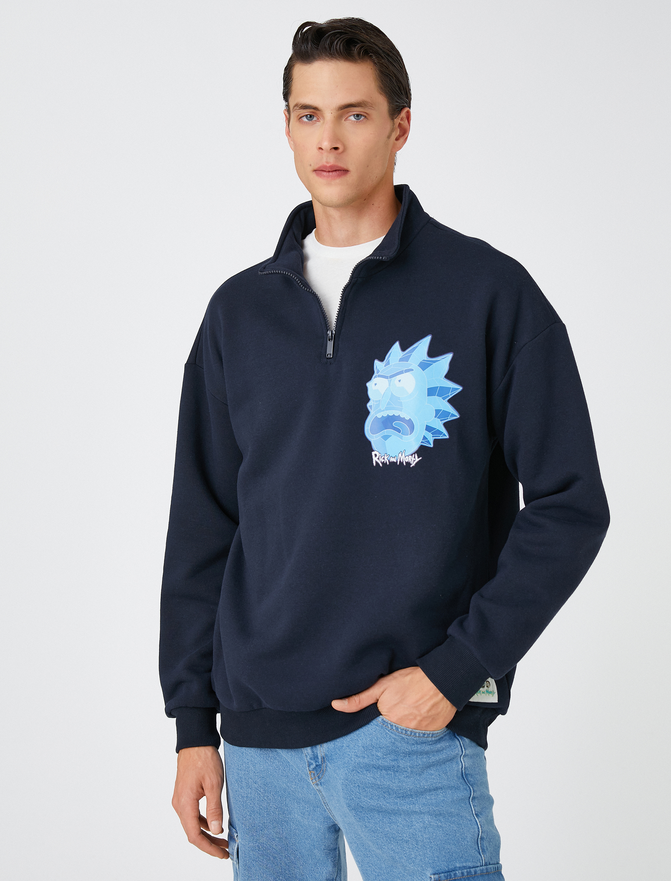 Rick and Morty Oversize Sweatshirt Şardonlu Dik Yaka Lisanslı Baskılı