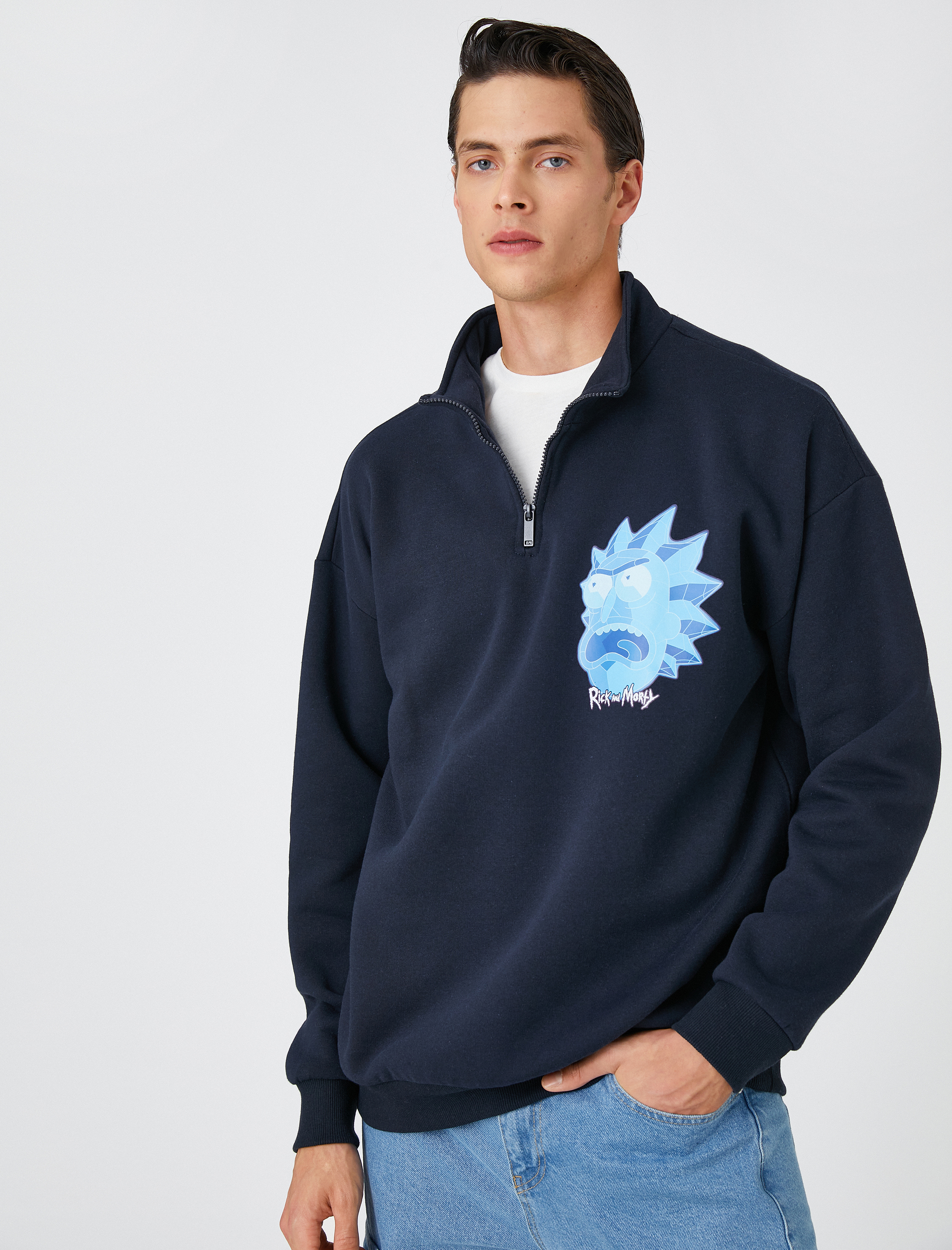 Rick and Morty Oversize Sweatshirt Şardonlu Dik Yaka Lisanslı Baskılı