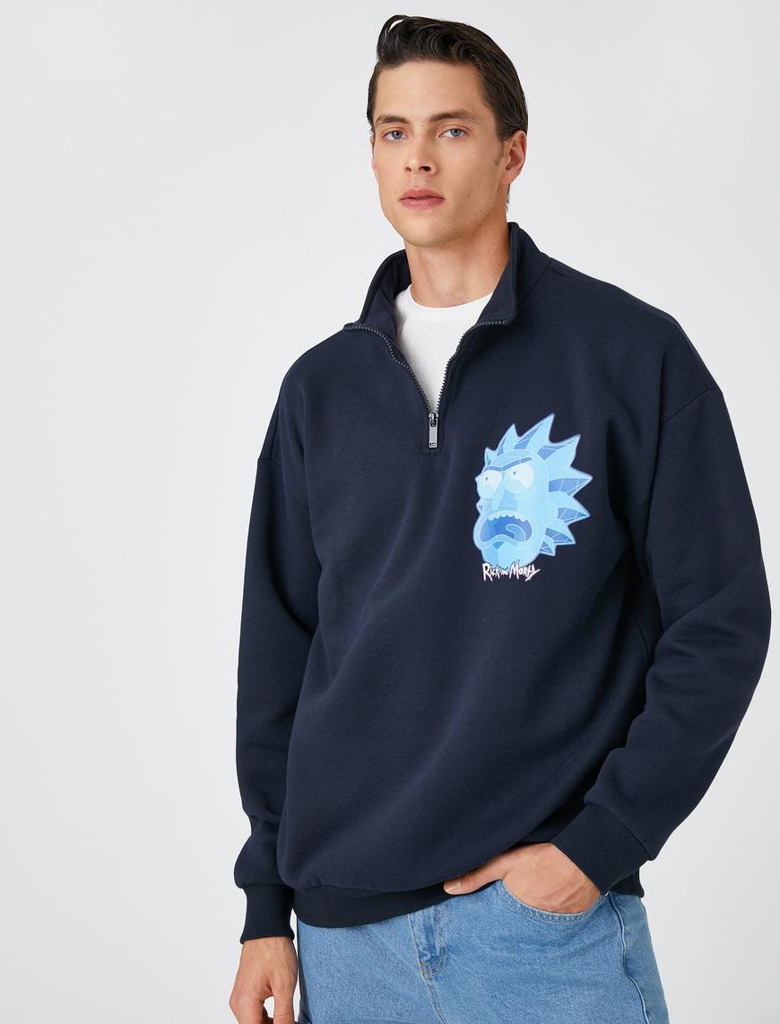   Rick and Morty Oversize Sweatshirt Şardonlu Dik Yaka Lisanslı Baskılı