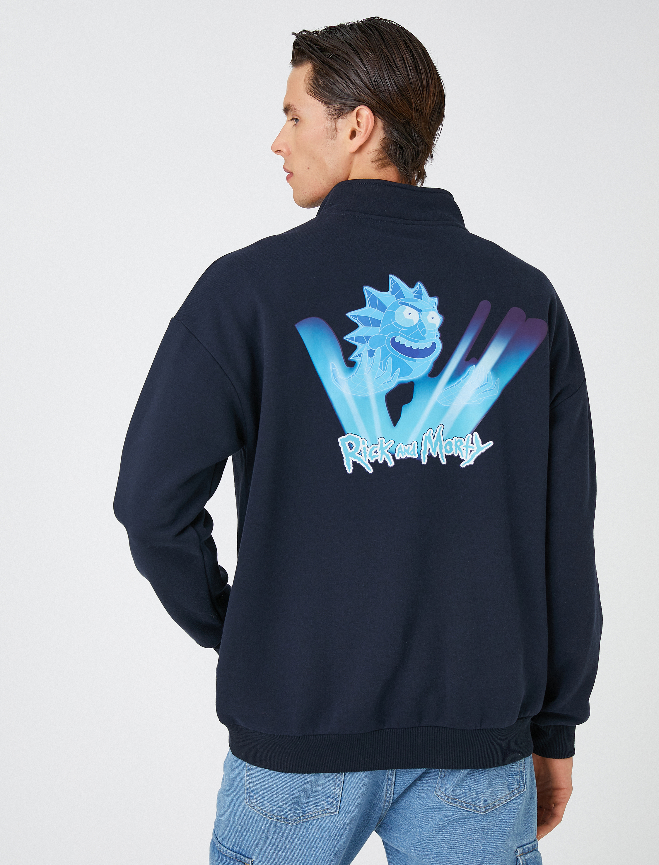 Rick and Morty Oversize Sweatshirt Şardonlu Dik Yaka Lisanslı Baskılı