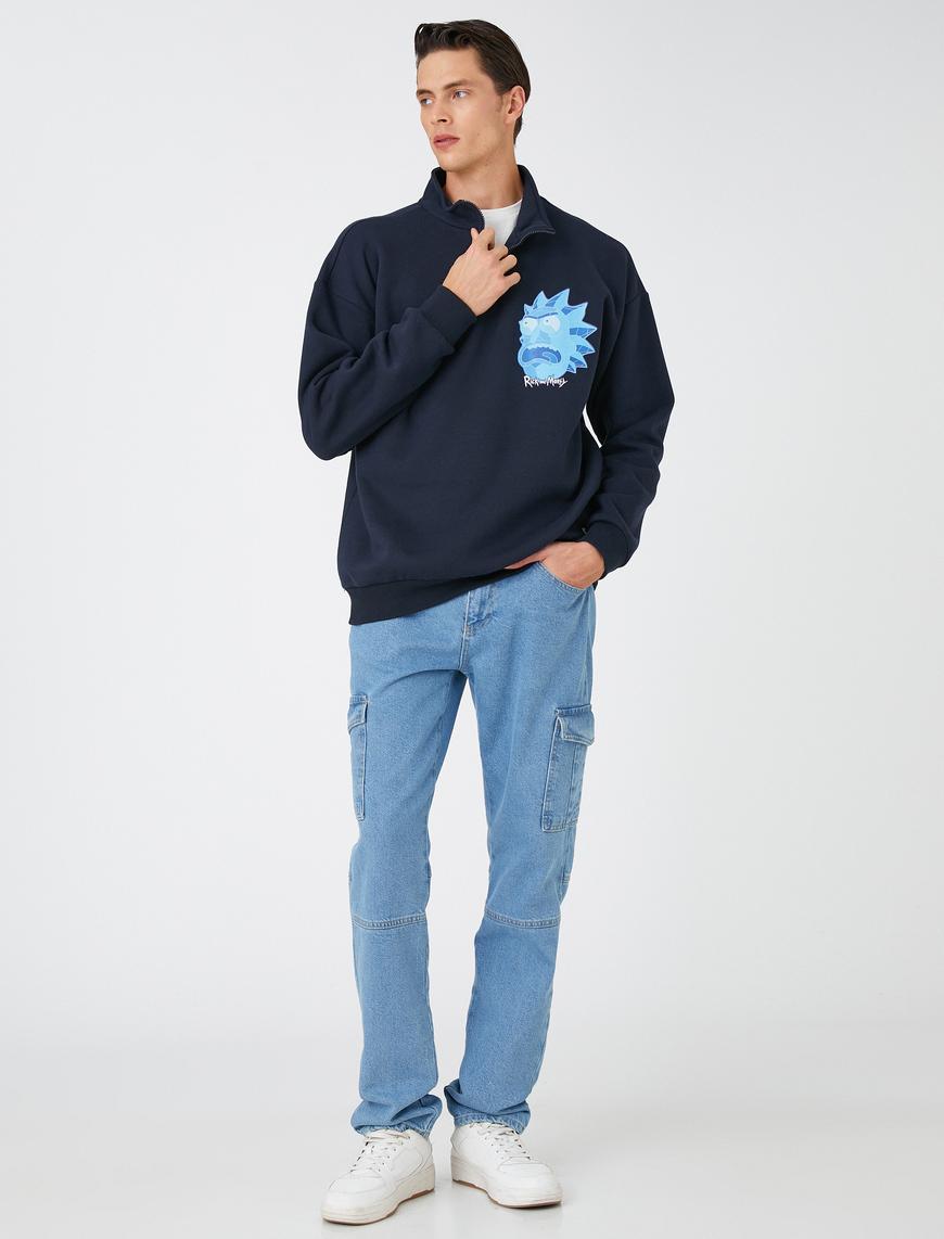   Rick and Morty Oversize Sweatshirt Şardonlu Dik Yaka Lisanslı Baskılı