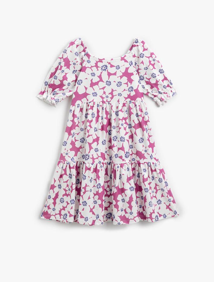 Kız Çocuk Elbise Çiçekli Fırfırlı Kısa Kollu Katlı