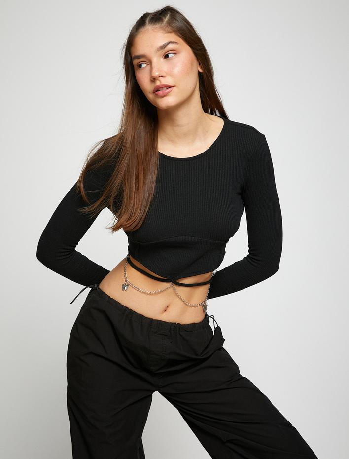  Uzun Kollu Tişört Crop Zincir Detaylı Bisiklet Yaka