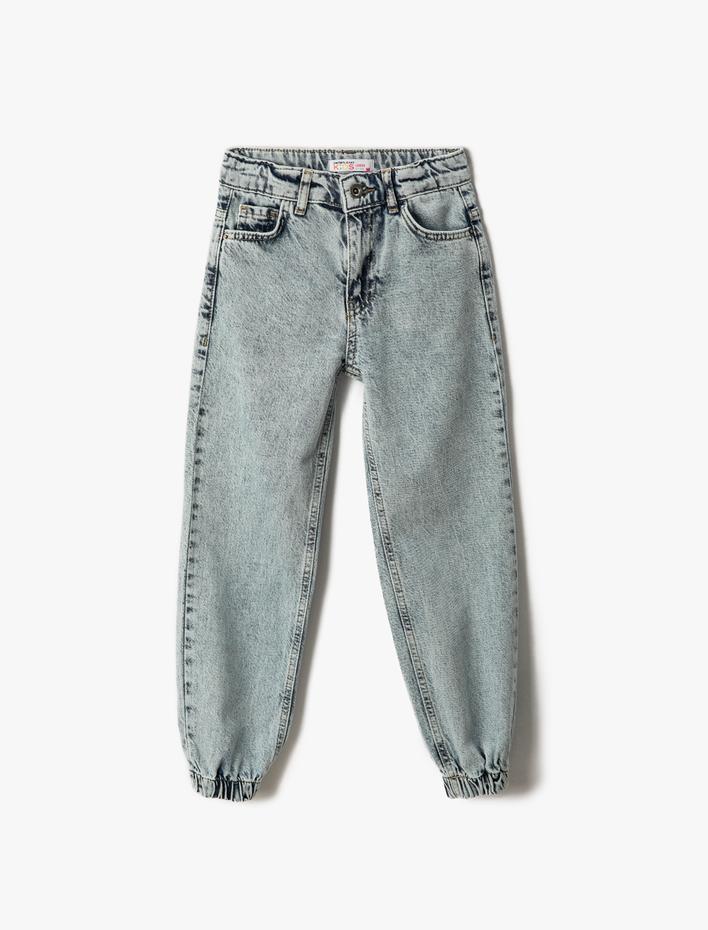 Kız Çocuk Jogger Kot Pantolon Cepli Pamuklu - Jegging Jean Beli Ayarlanabilir Lastikli