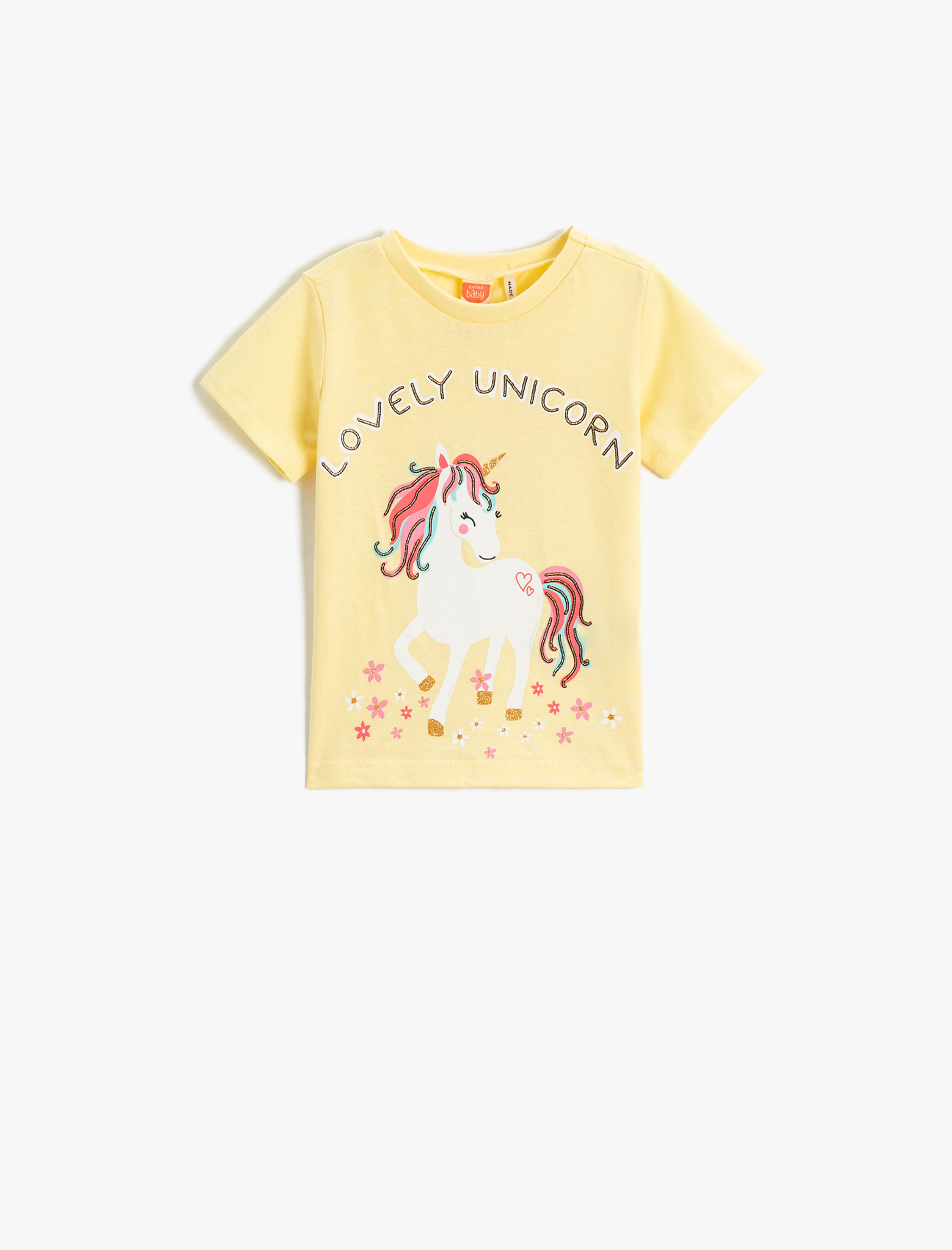  Kız Bebek Unicorn Baskılı Kısa Kollu Tişört Bisiklet Yaka Simli