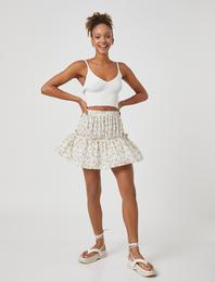 Çiçekli Mini Etek Fırfırlı Viskon Beli Lastikli