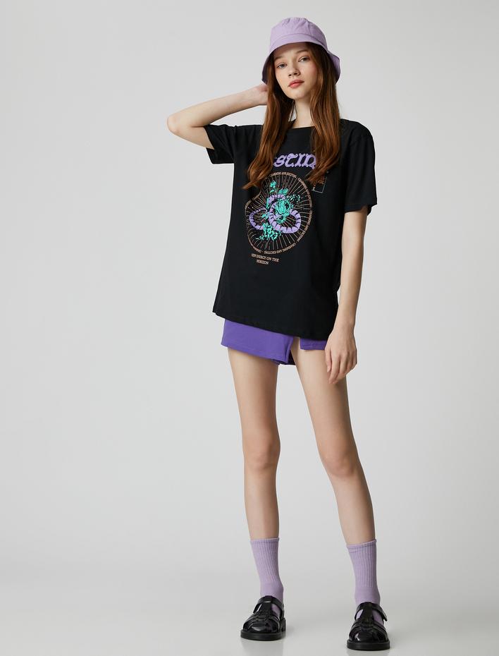  Kısa Kollu Tişört Rahat Kesim Bisiklet Yaka Baskılı