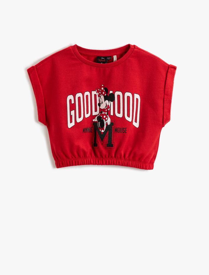 Kız Çocuk Minnie Mouse Crop Tişört Baskılı Lisanslı Kısa Kollu Beli Lastikli Bisiklet Yaka