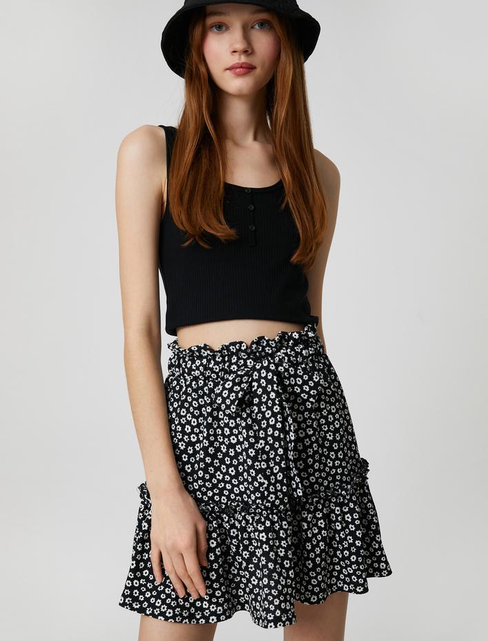  Çiçekli Etek Mini Fırfırlı Beli Kuşaklı Rahat Kesim Bürümcük