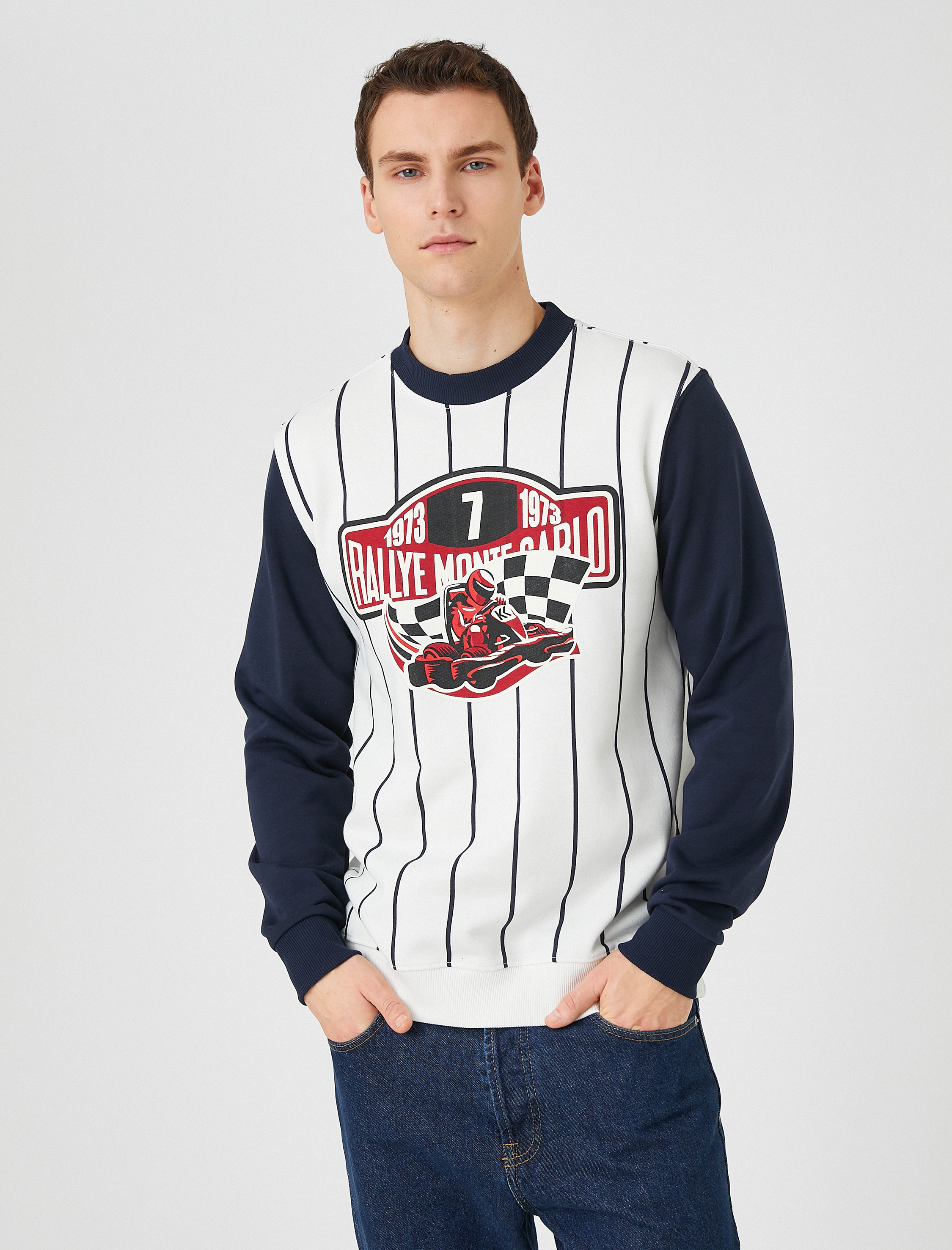 Yarış Baskılı Sweatshirt Bisiklet Yaka Uzun Kollu Şardonlu