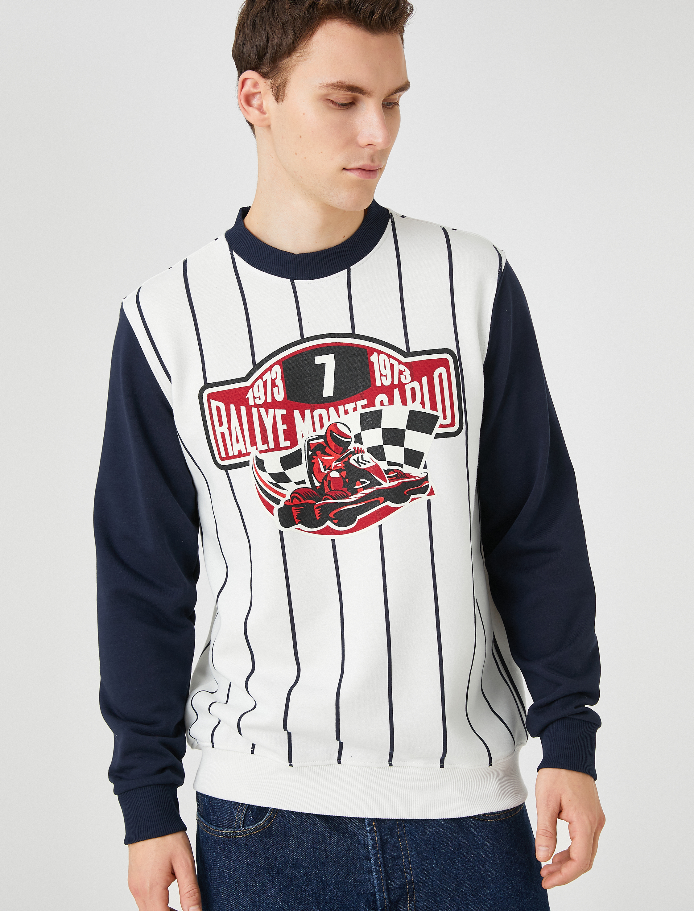 Yarış Baskılı Sweatshirt Bisiklet Yaka Uzun Kollu Şardonlu