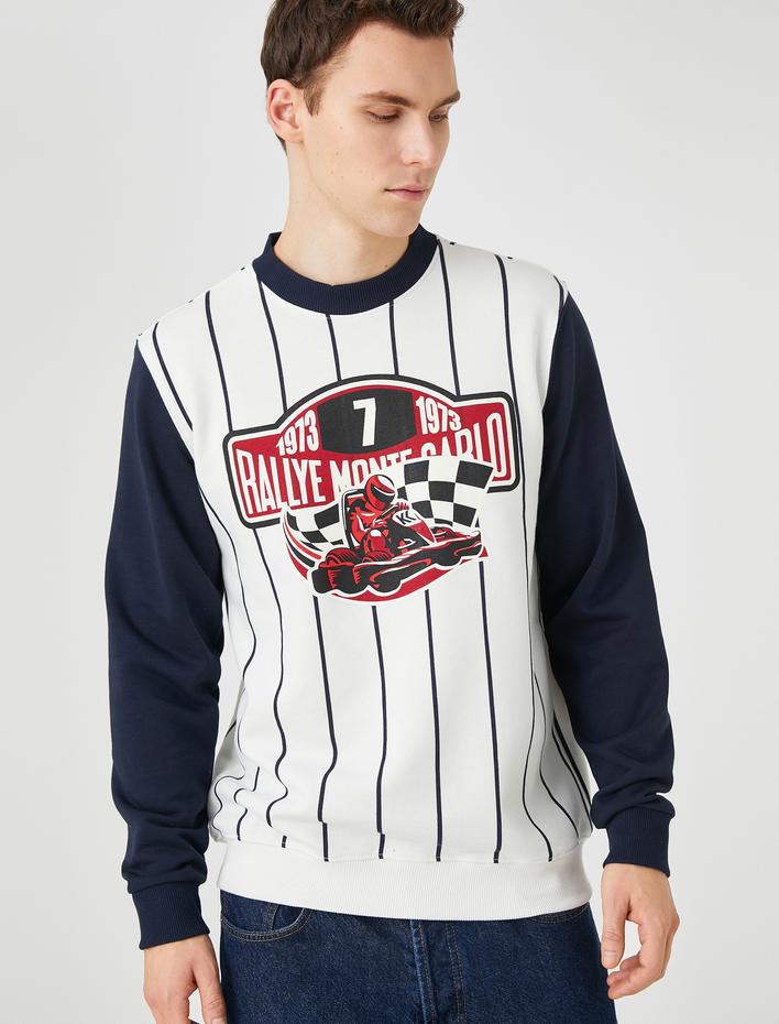  Yarış Baskılı Sweatshirt Bisiklet Yaka Uzun Kollu Şardonlu