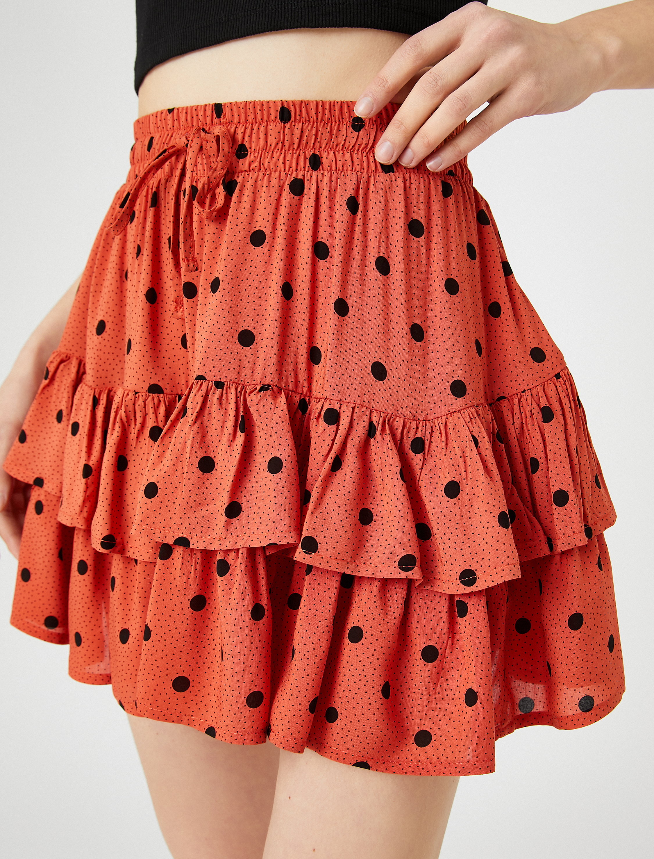   Katlı Mini Etek Beli Bağlamalı