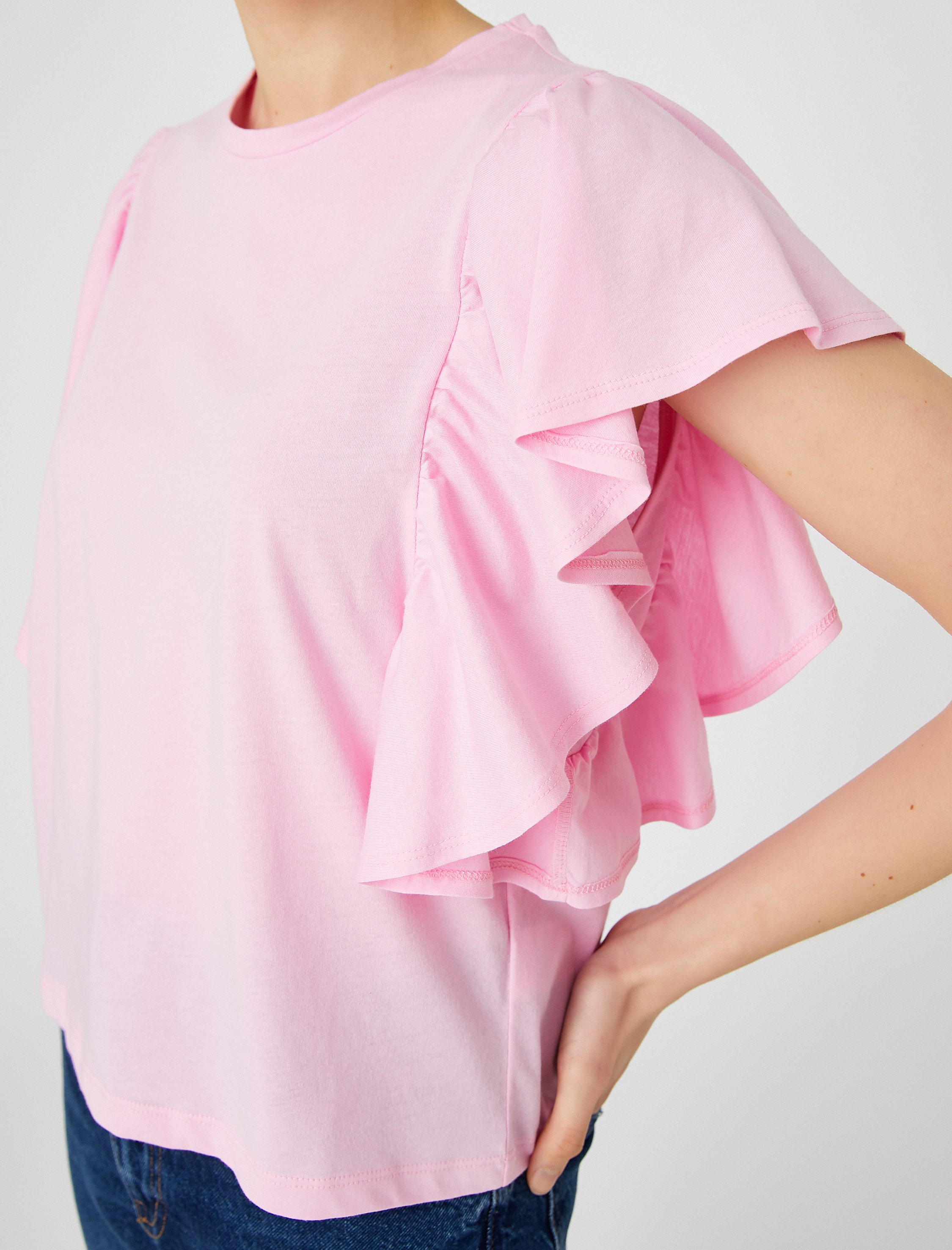   Kolları Volanlı Tişört Bisiklet Yaka Pamuklu