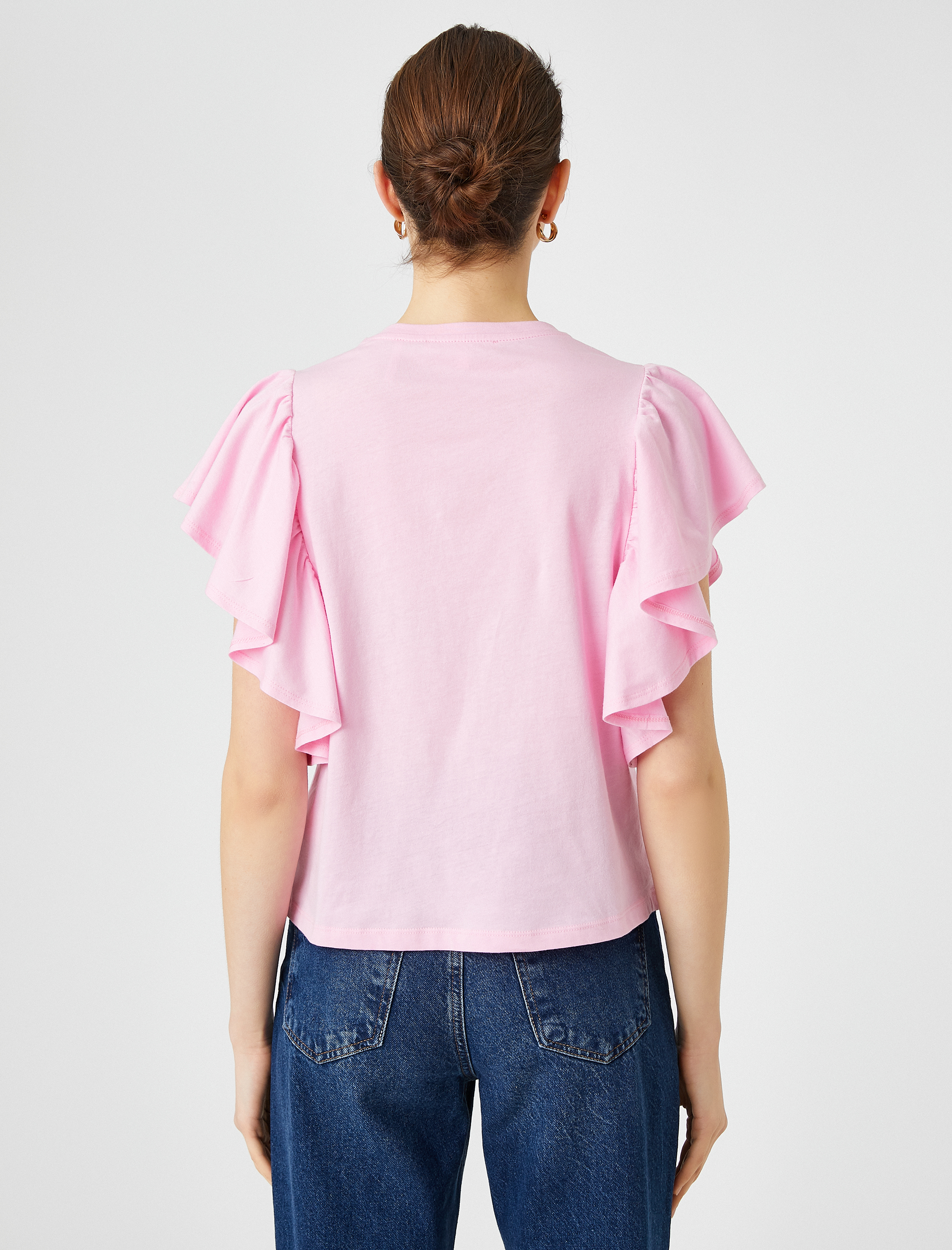   Kolları Volanlı Tişört Bisiklet Yaka Pamuklu