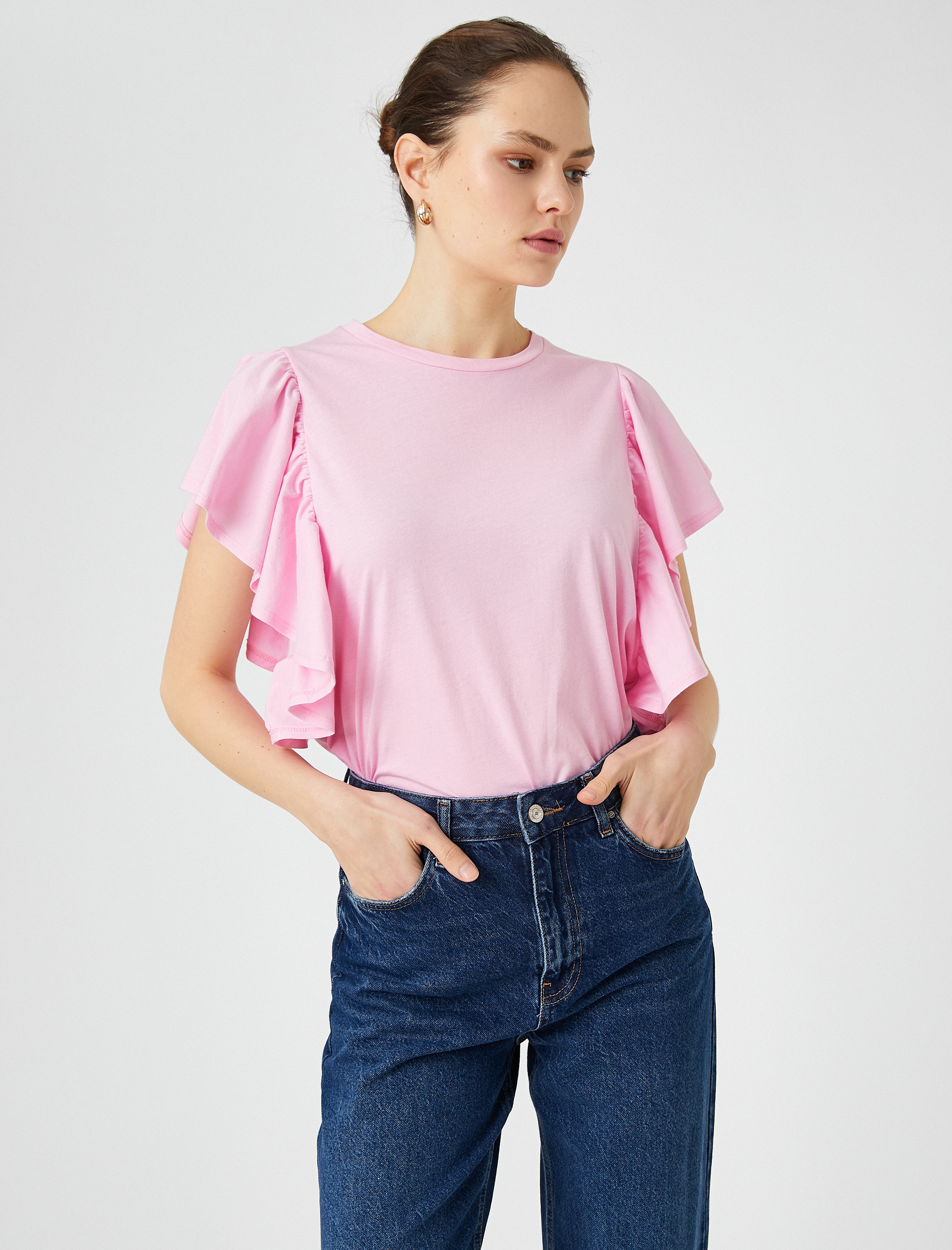   Kolları Volanlı Tişört Bisiklet Yaka Pamuklu