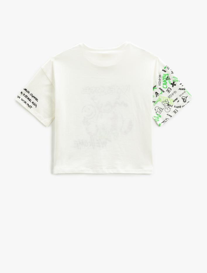 Kız Çocuk Crop Oversize Tişört Baskılı Kısa Kollu Bisiklet Yaka