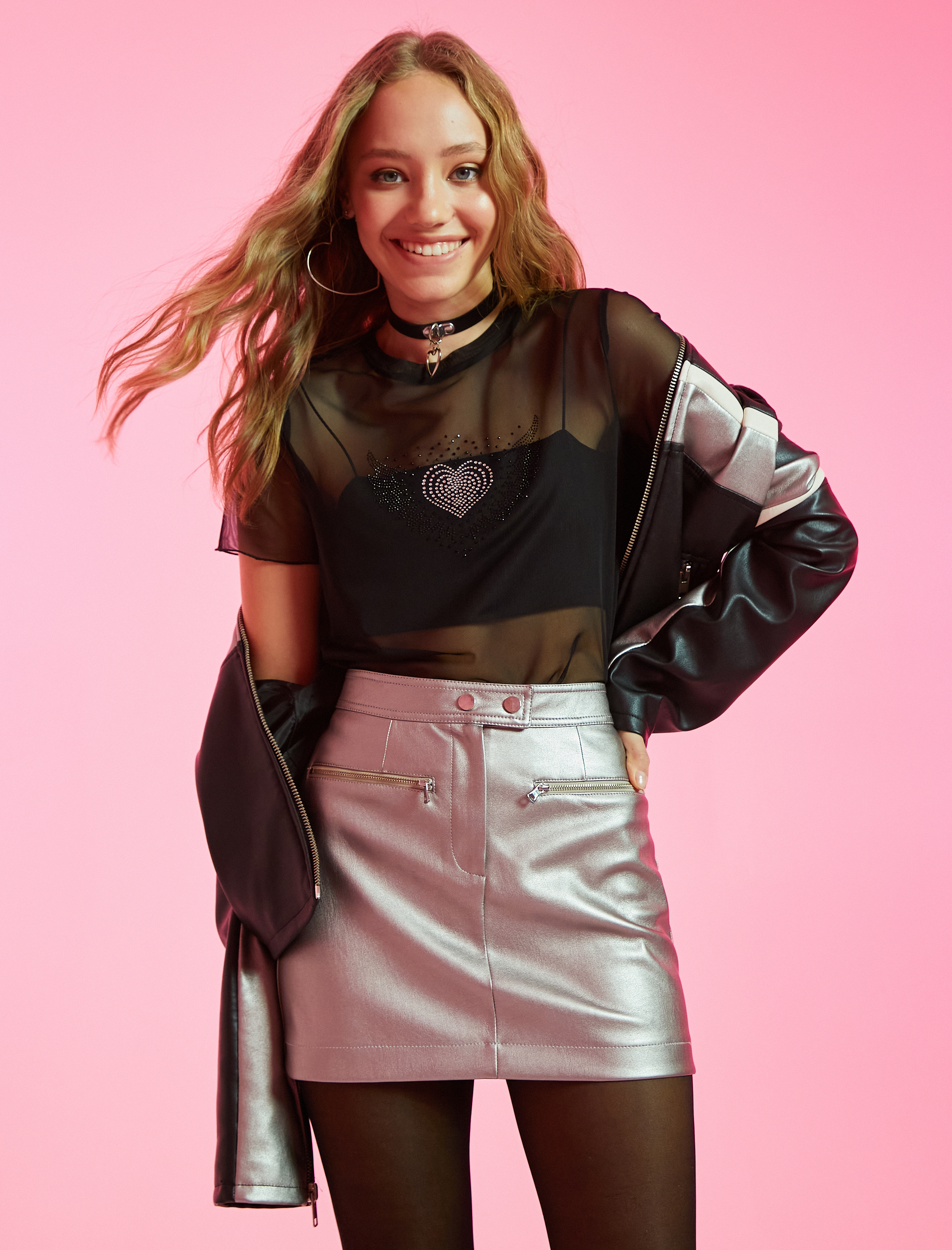   Metalik Suni Deri Mini Etek Fermuar Detaylı