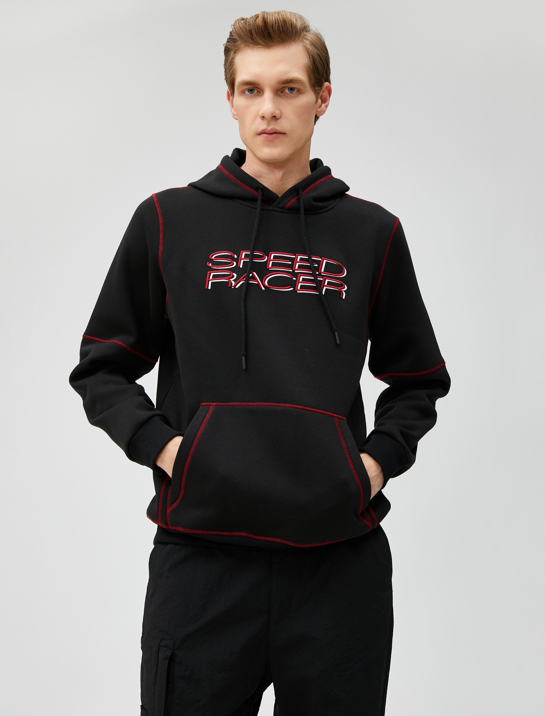   Kapşonlu Sweatshirt Yarış Temalı Dikiş Detaylı Cepli