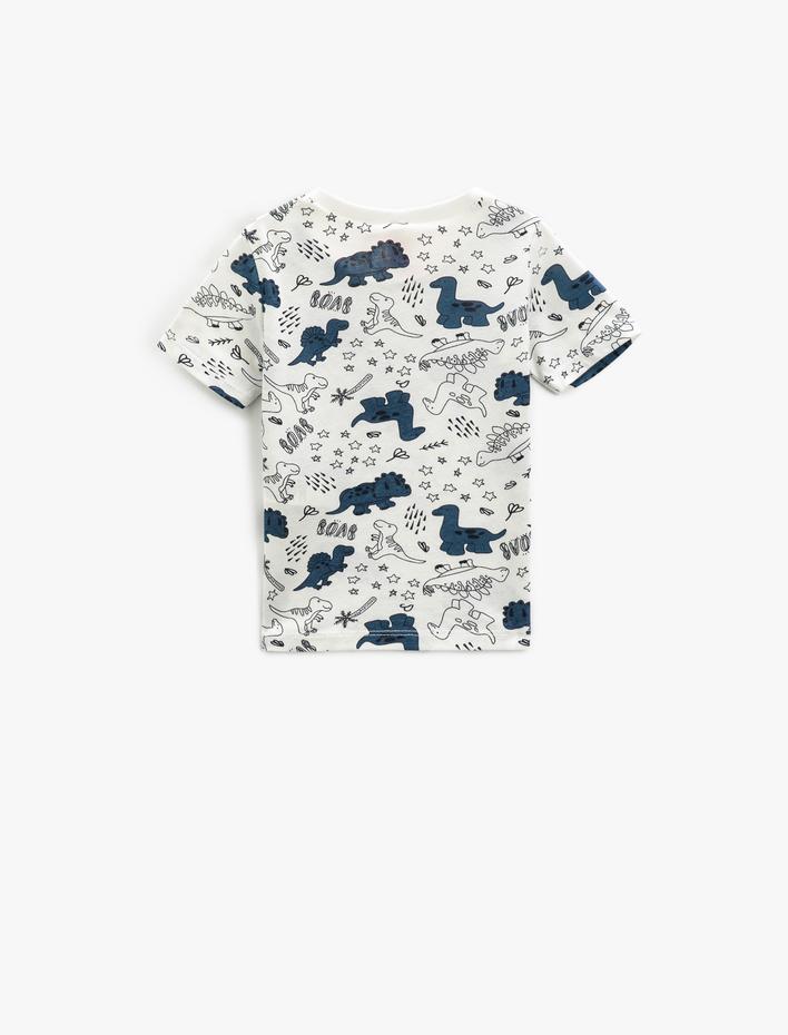 Erkek Bebek Dinozor Baskılı Kısa Kollu Tişört Bisiklet Yaka