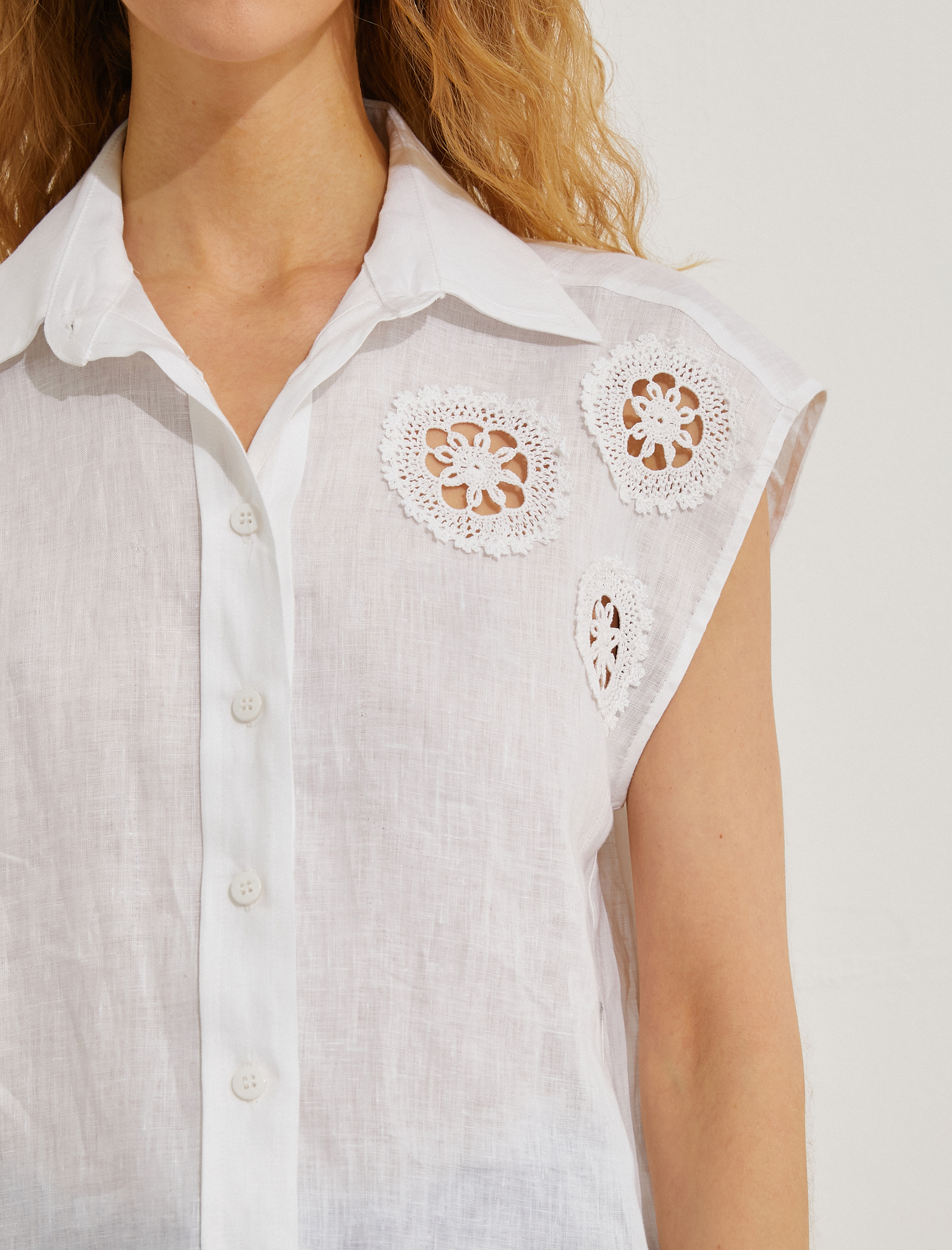   Kroşe Detaylı Gömlek Kolsuz Relax Fit Keten Karışımlı