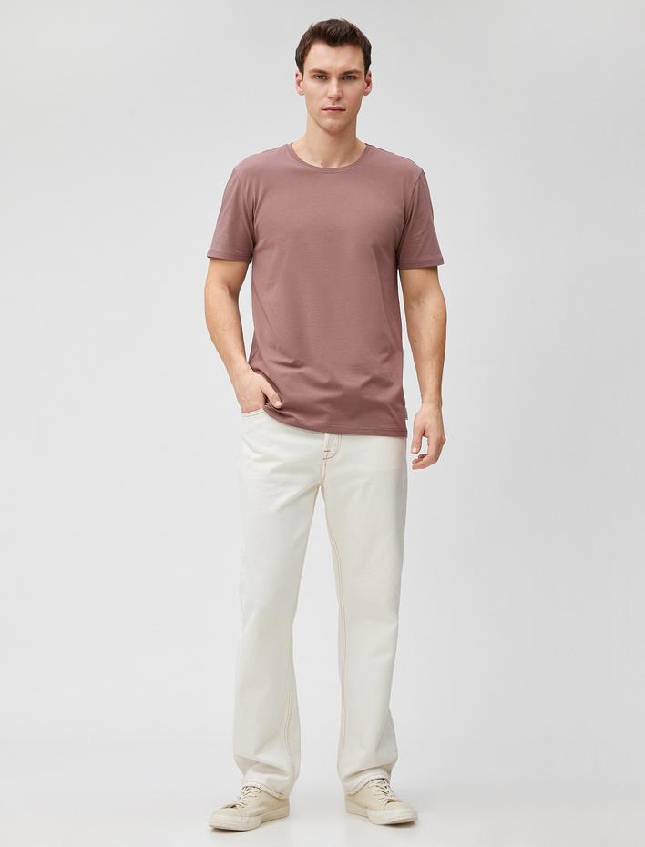  Basic Tişört Etiket Detaylı Kısa Kollu Bisiklet Yaka Pamuklu