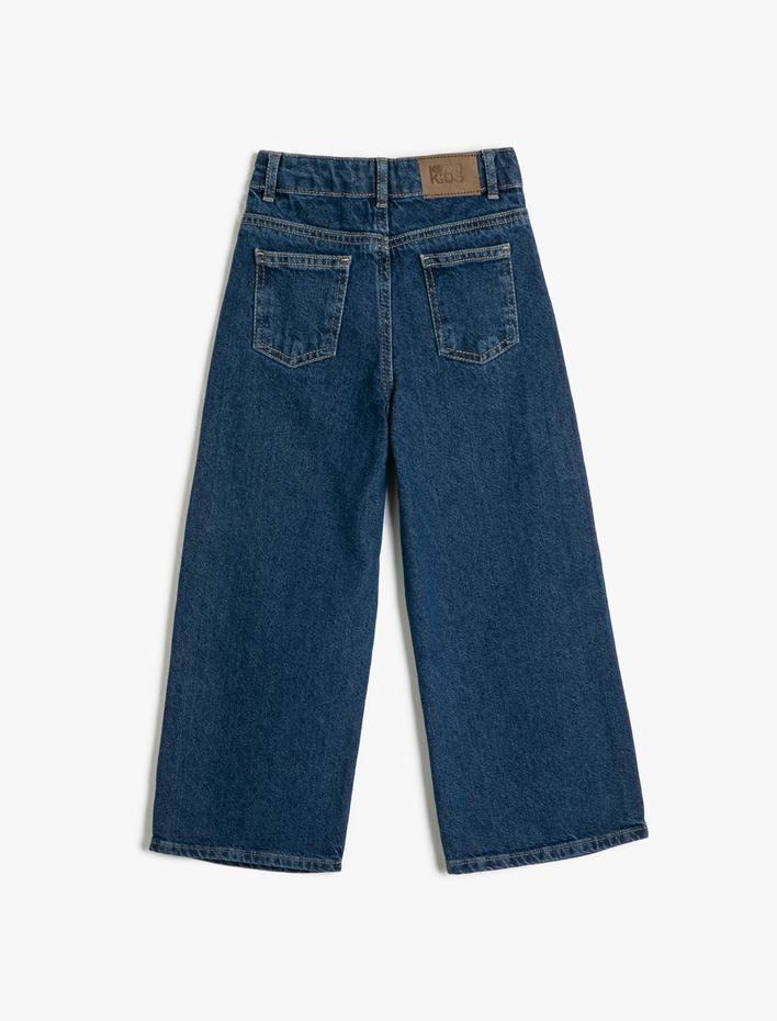 Kız Çocuk Bol Paça Düğme Kapamalı Kot Pantolon - Wide Leg Jean Beli Ayarlanabilir Lastikli