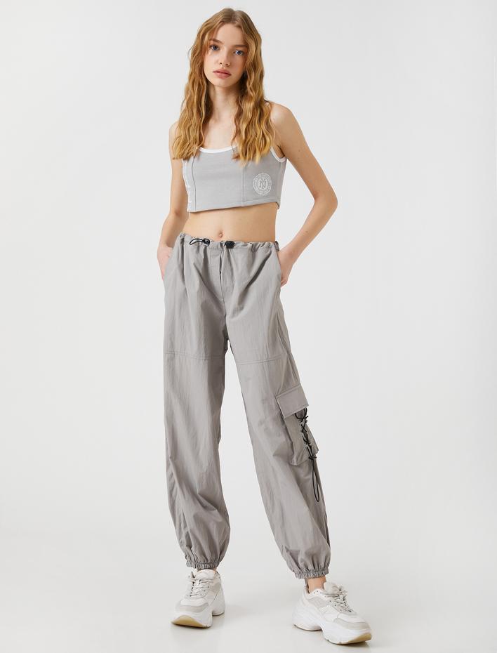  Crop Fitilli Atlet U Yaka Askılı Baskılı Pamuklu