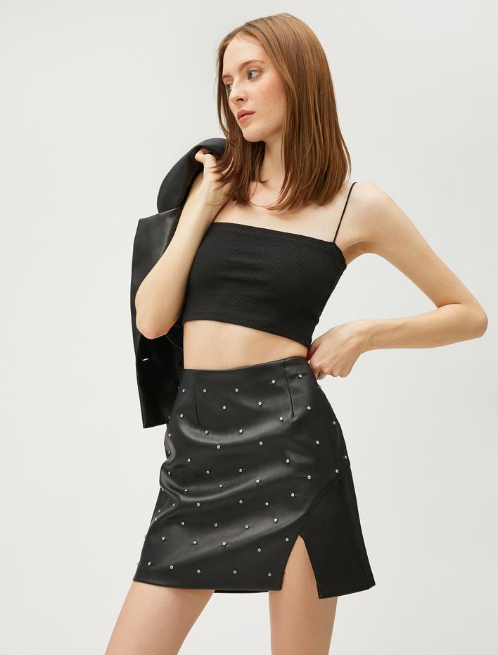  Suni Deri Mini Etek Taş Detaylı