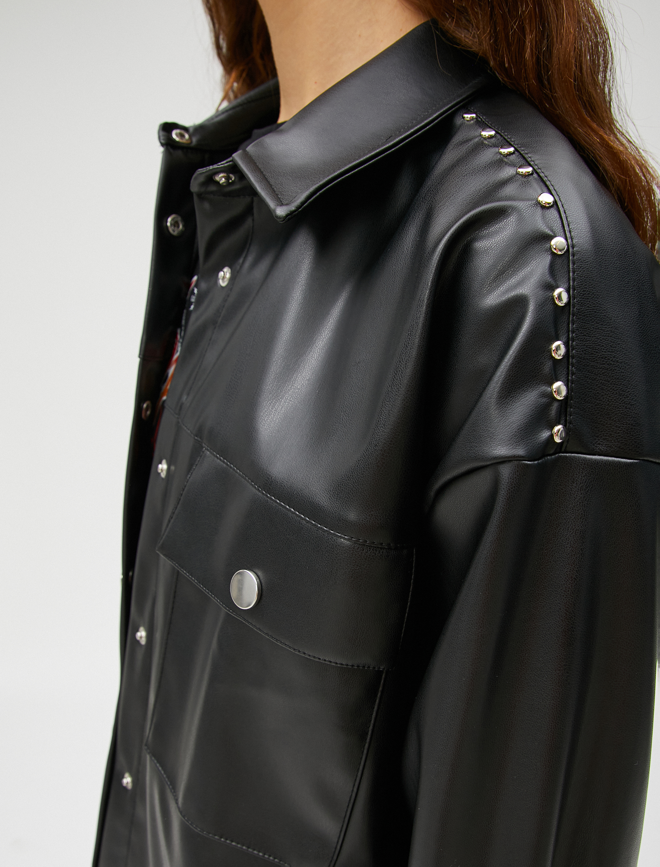   Deri Ceket Oversize Cepli Zımba Detaylı Gömlek Yaka