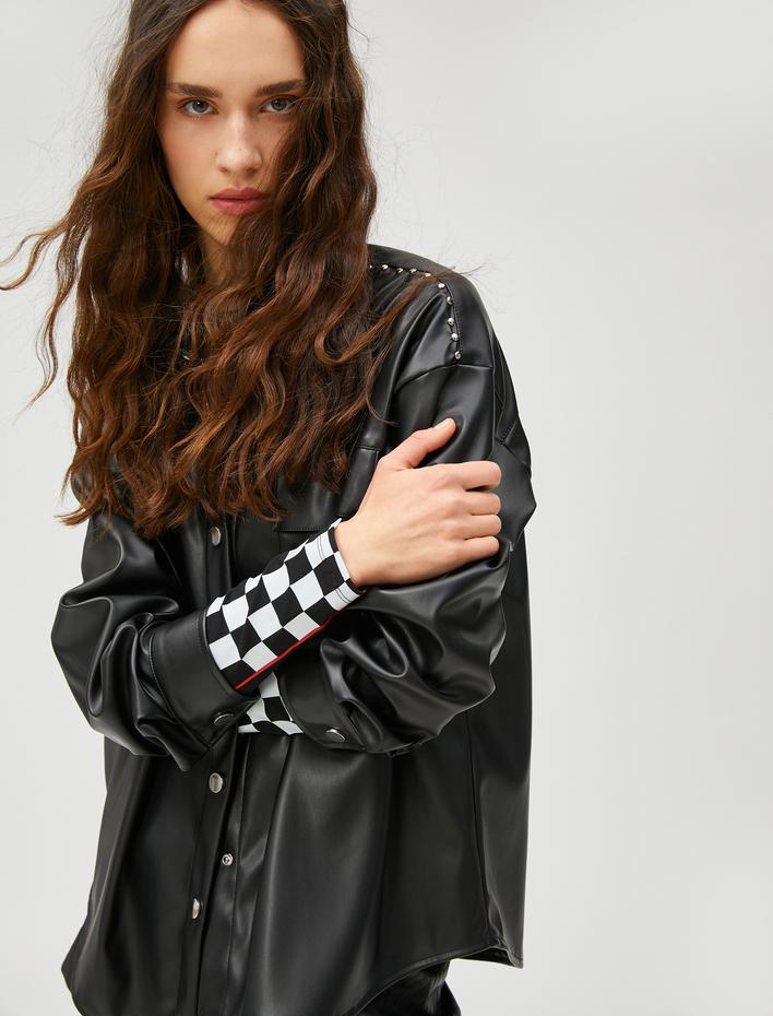  Deri Ceket Oversize Cepli Zımba Detaylı Gömlek Yaka