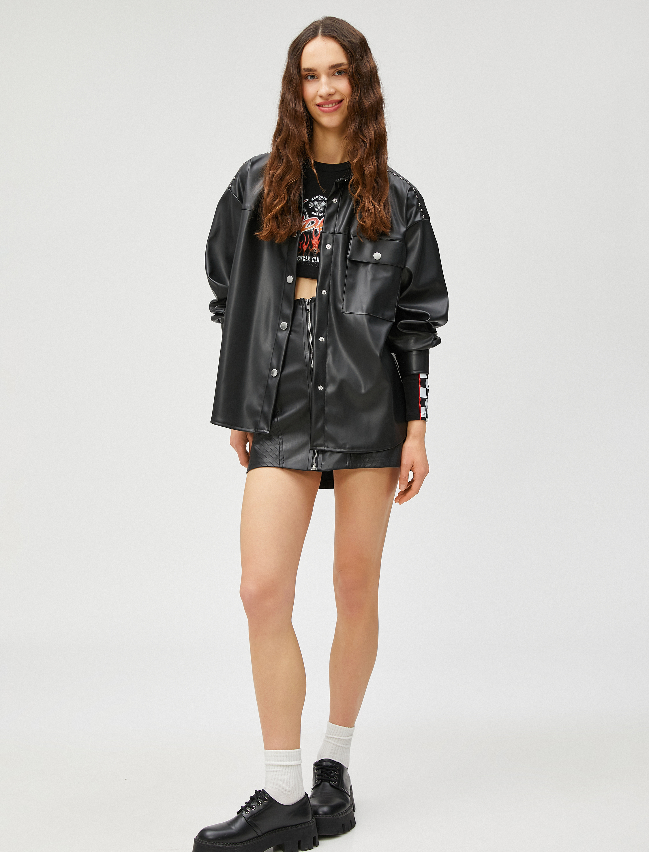   Deri Ceket Oversize Cepli Zımba Detaylı Gömlek Yaka