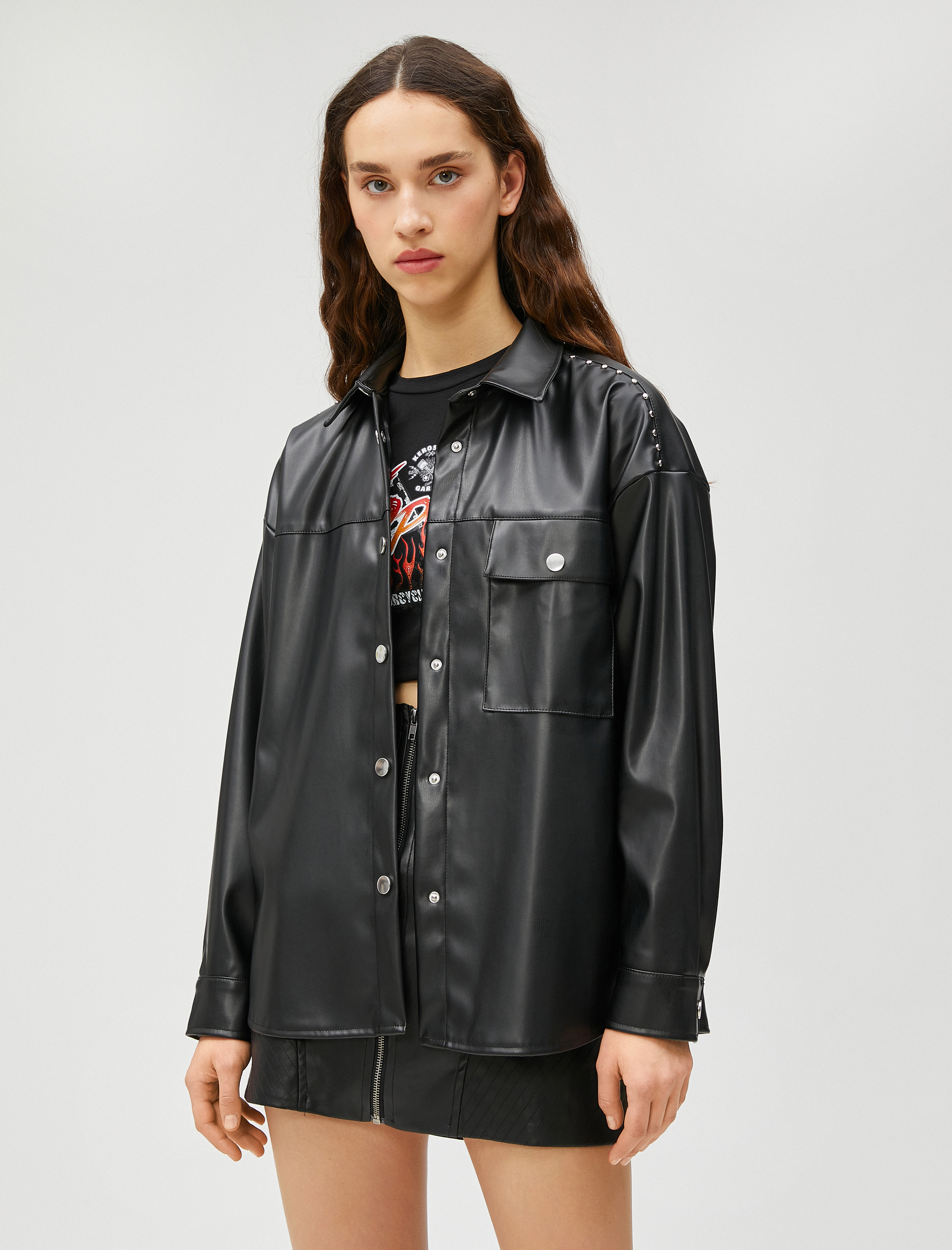   Deri Ceket Oversize Cepli Zımba Detaylı Gömlek Yaka