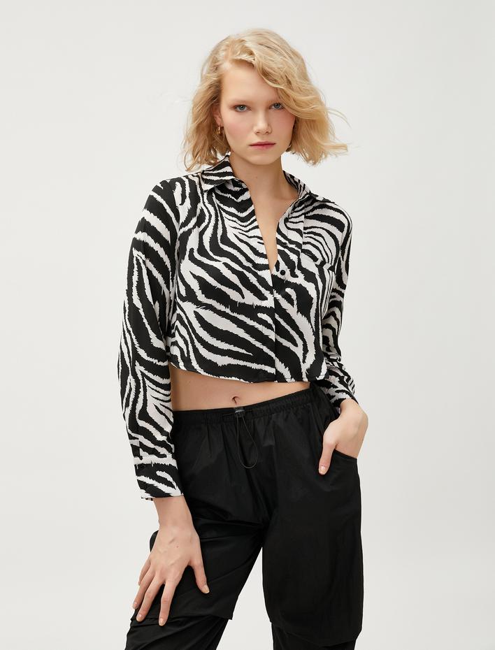  Zebra Desenli Saten Crop Gömlek Uzun Kollu
