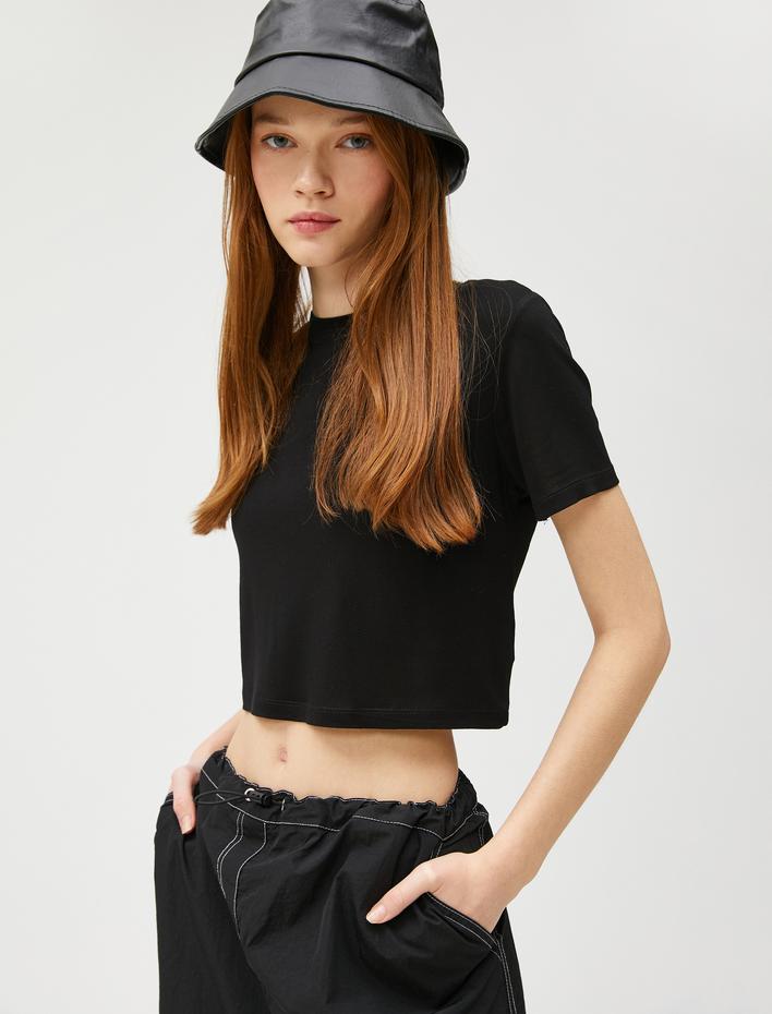  Crop Tişört Kısa Kollu Bisiklet Yaka Viskon