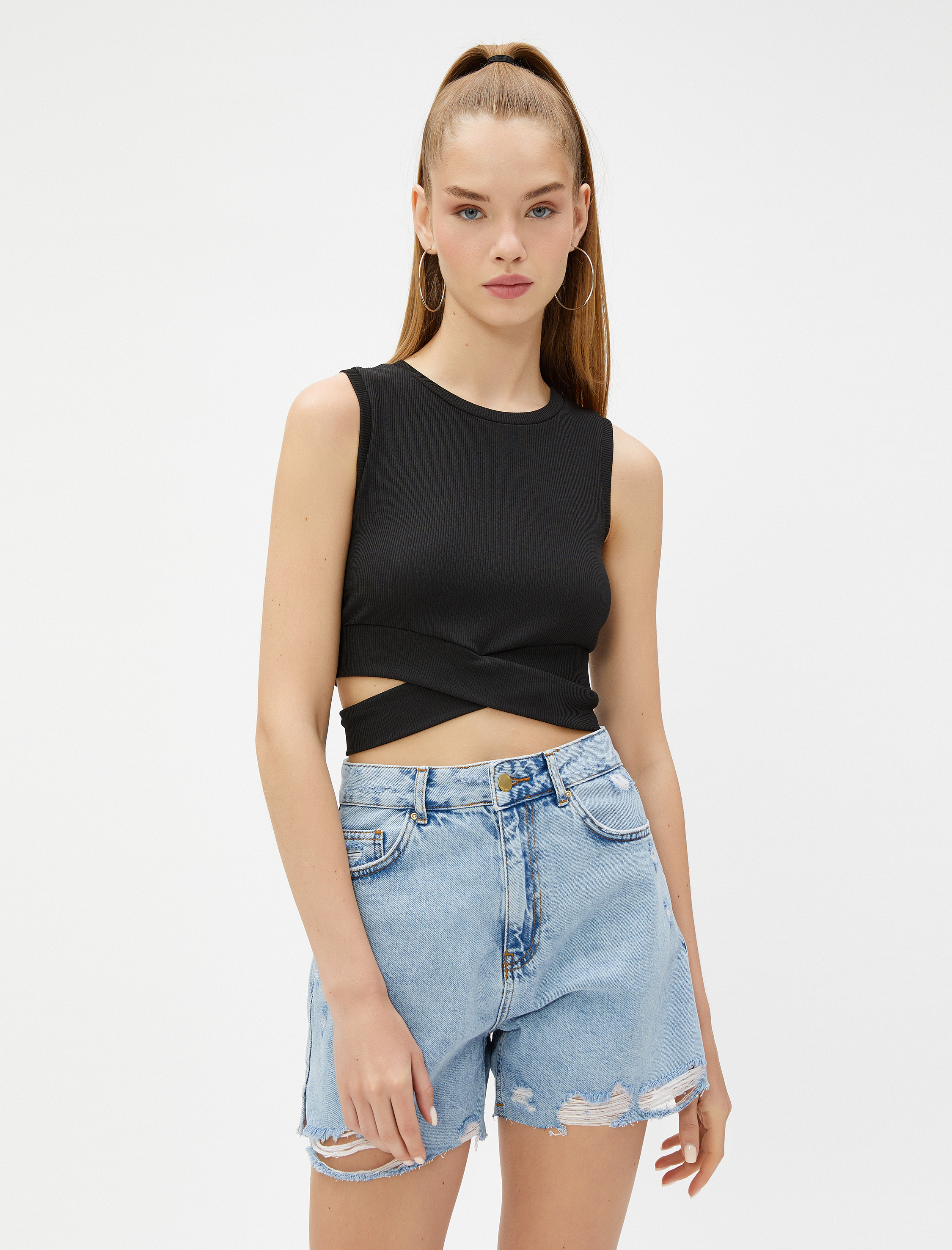 Crop Fitilli Atlet Bisiklet Yaka Bel Detaylı