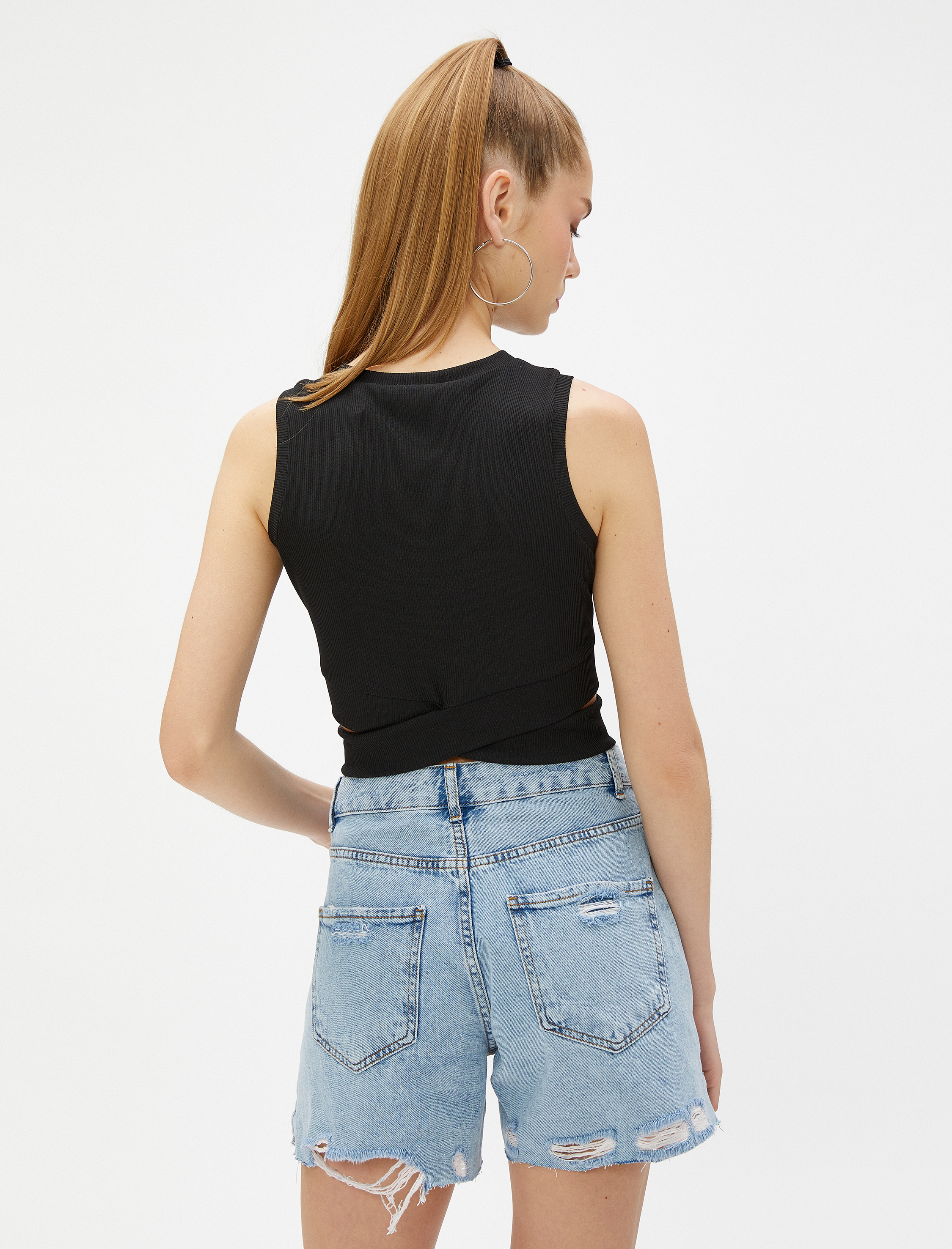 Crop Fitilli Atlet Bisiklet Yaka Bel Detaylı