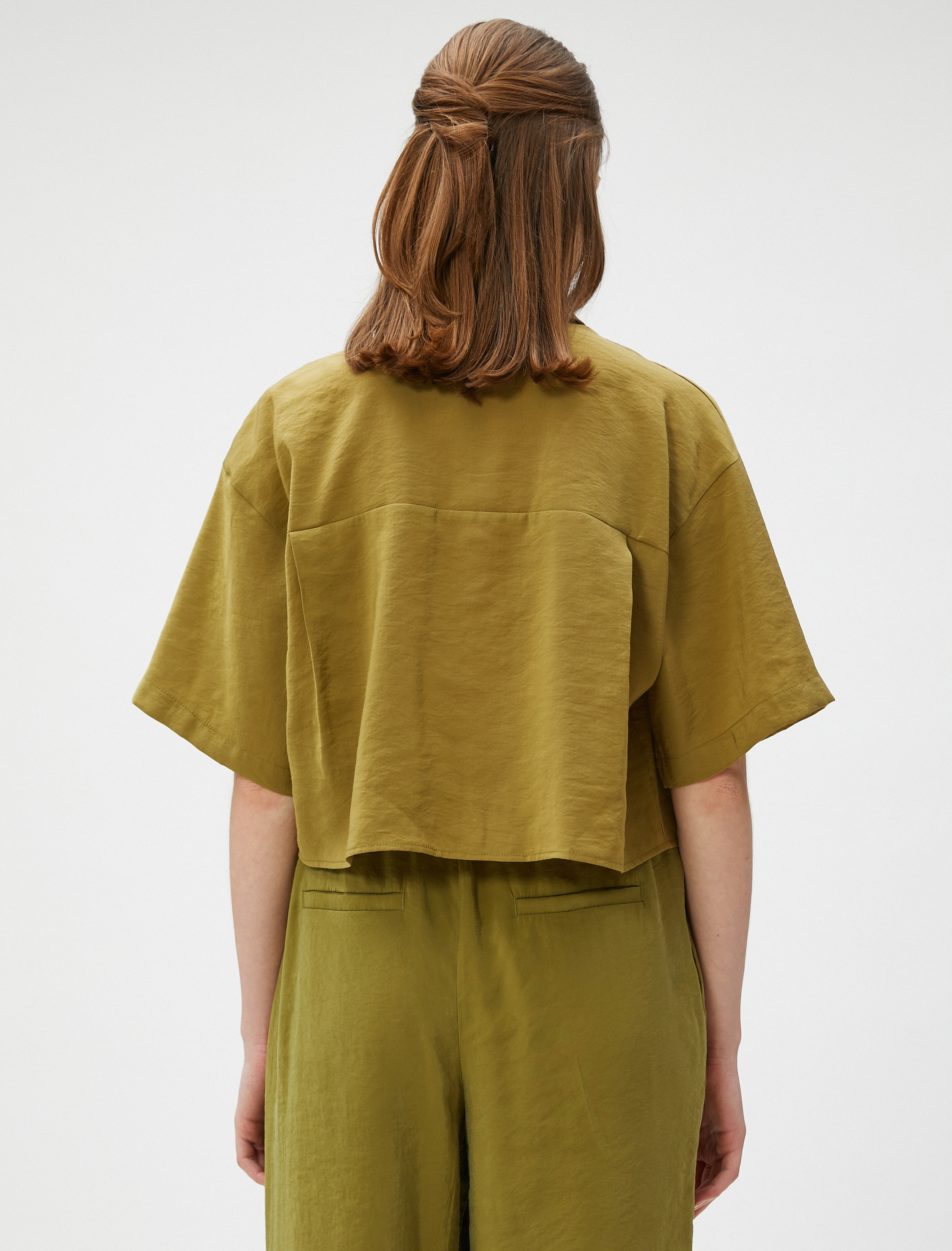   Oversize Crop Gömlek Cepli Kısa Kollu Modal Karışımlı