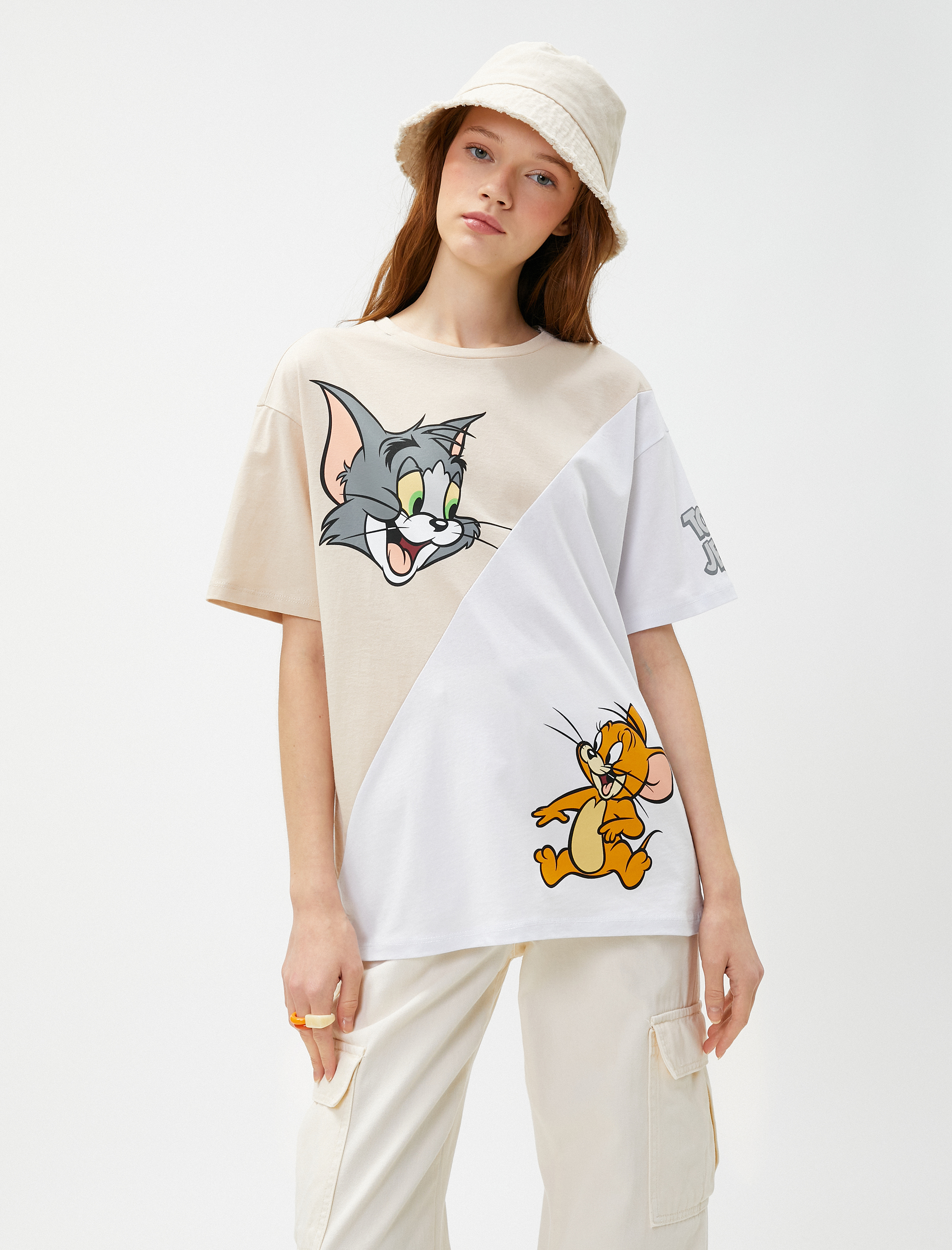 Tom ve Jerry Tişört Baskılı Renk Bloklu Bisiklet Yaka Lisanslı